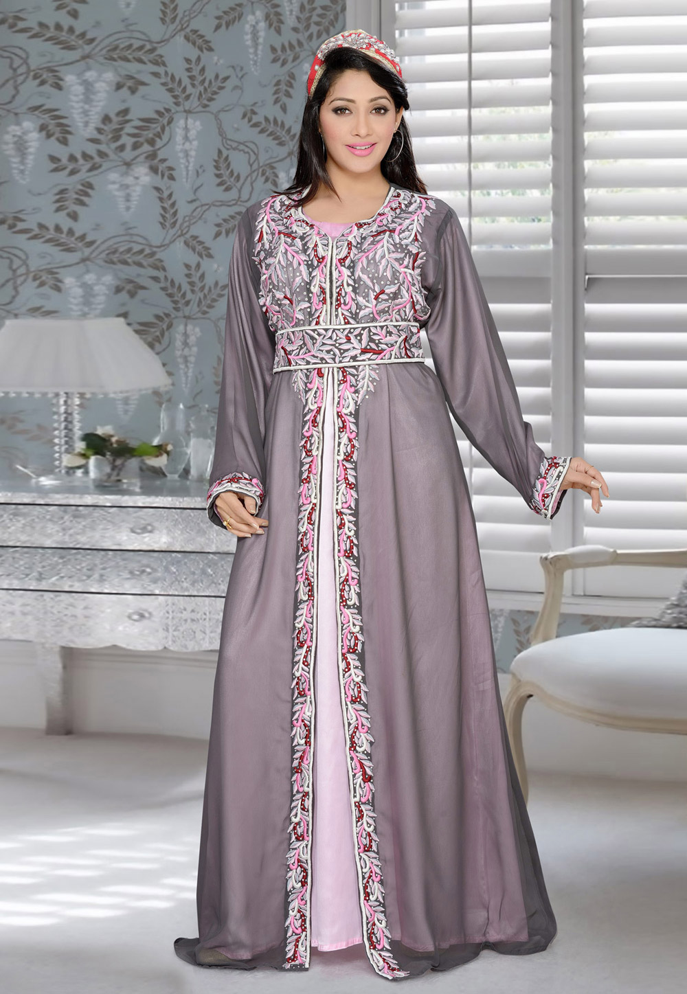 Grey Faux Georgette Embroidered Readymade Kaftan 194370