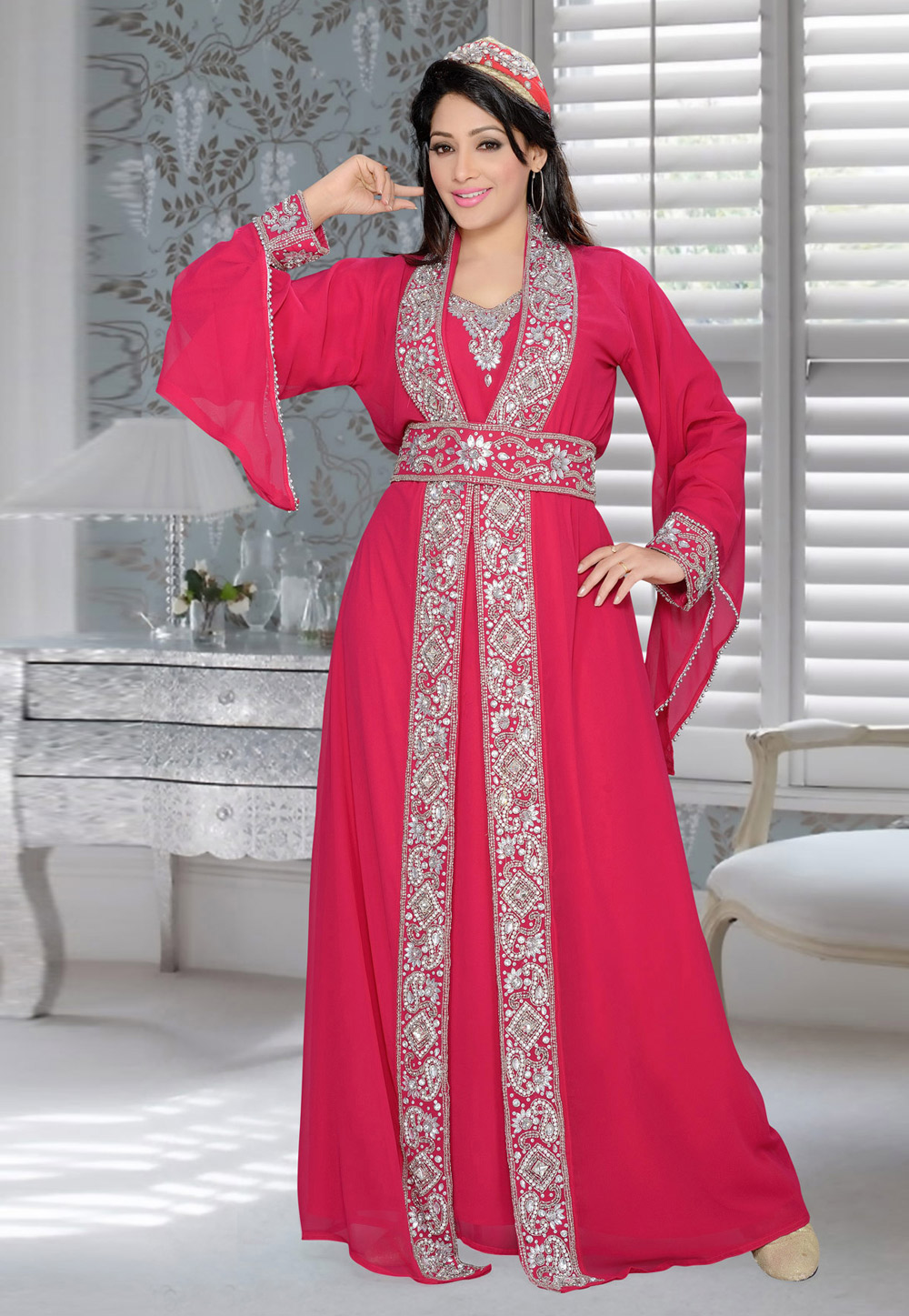 Magenta Faux Georgette Embroidered Readymade Kaftan 194372