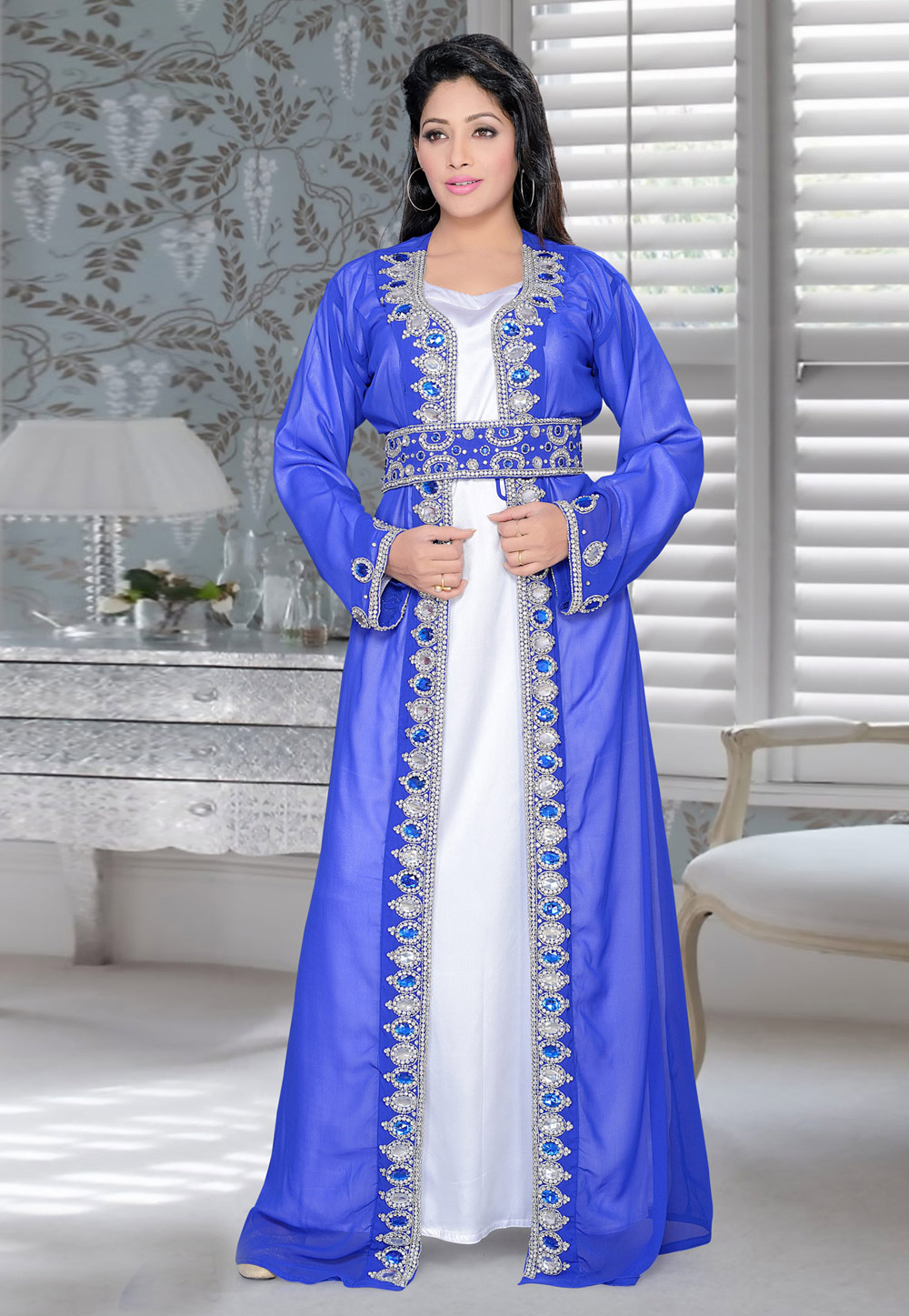 Blue Faux Georgette Embroidered Readymade Kaftan 194374