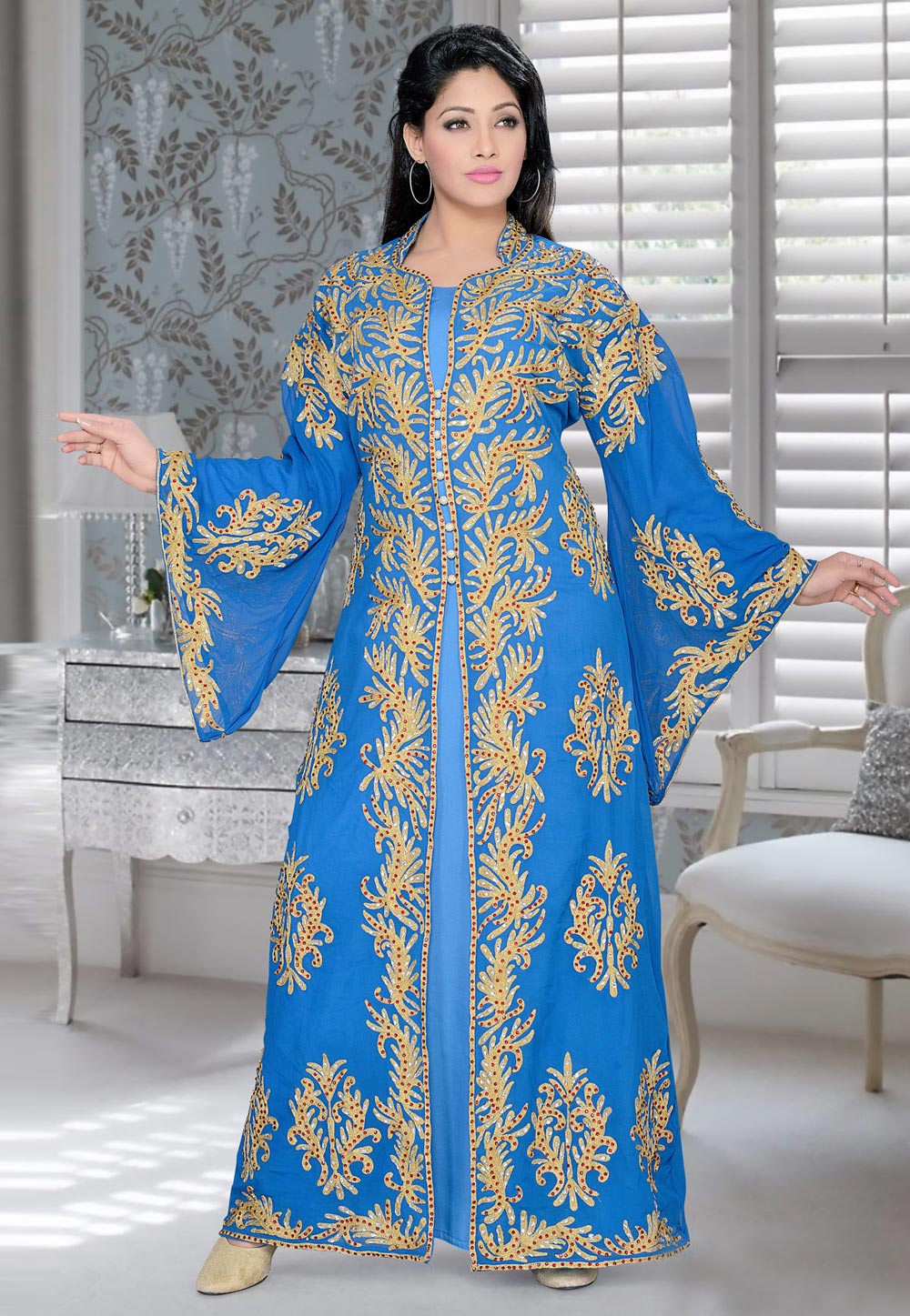 Blue Faux Georgette Embroidered Readymade Kaftan 194376