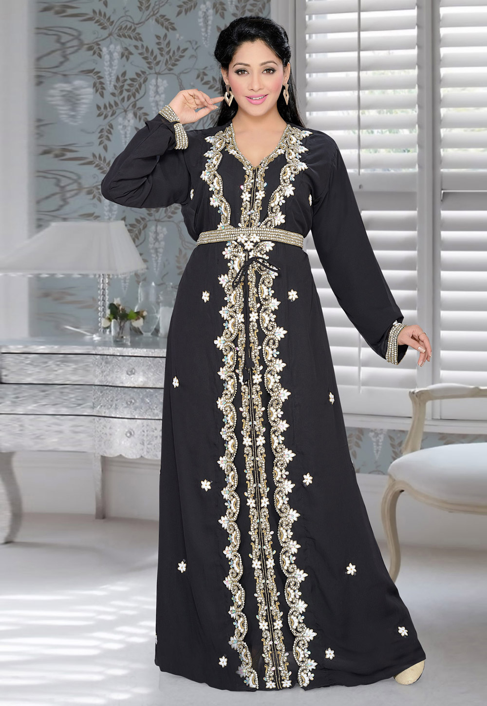 Black Faux Georgette Embroidered Readymade Kaftan 194378