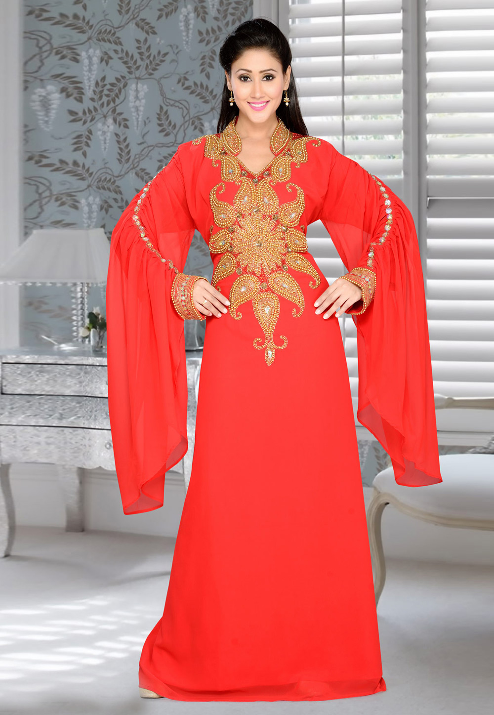 Red Faux Georgette Embroidered Readymade Kaftan 194385