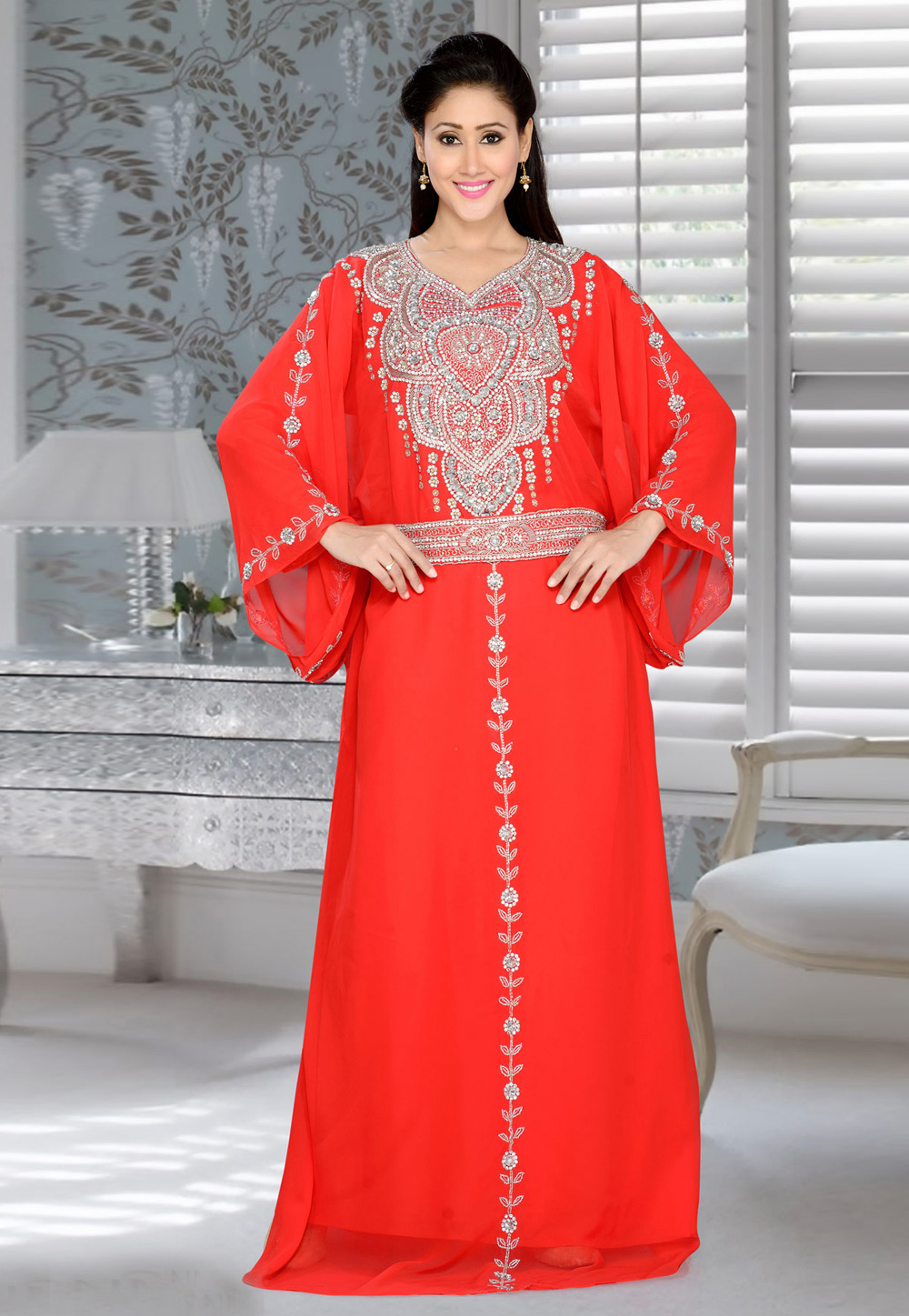Red Faux Georgette Embroidered Readymade Farasha 194387