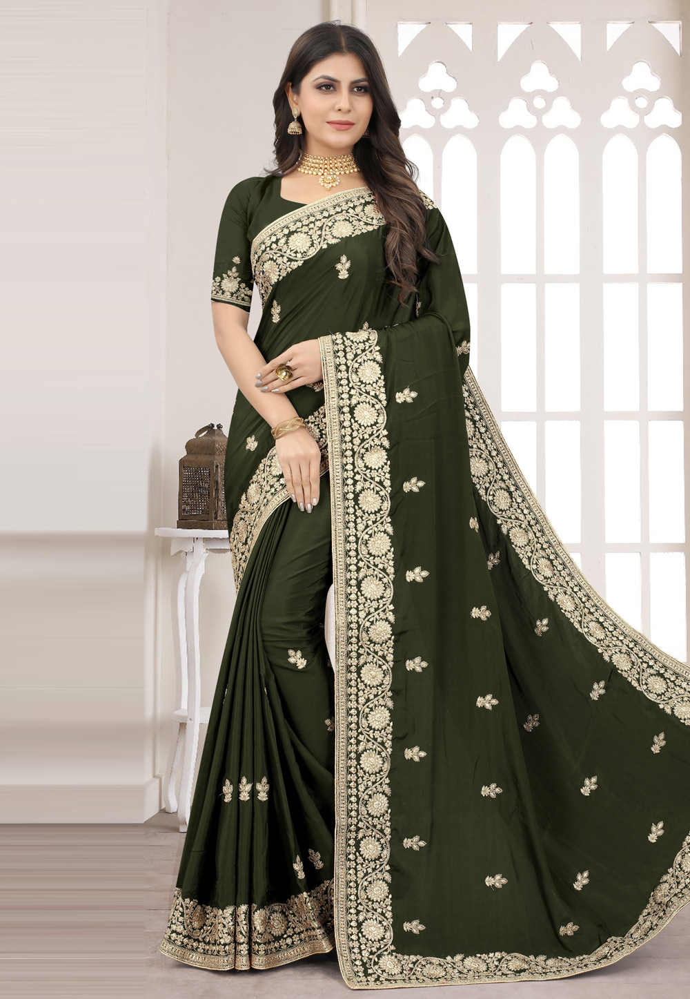 Mehndi Crepe Silk Saree With Blouse 249709