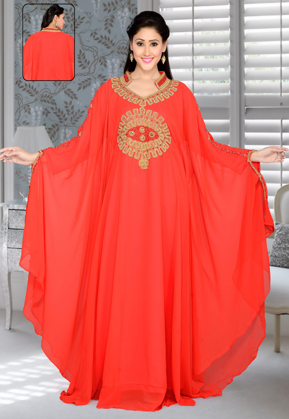 Red Faux Georgette Embroidered Readymade Farasha 194393