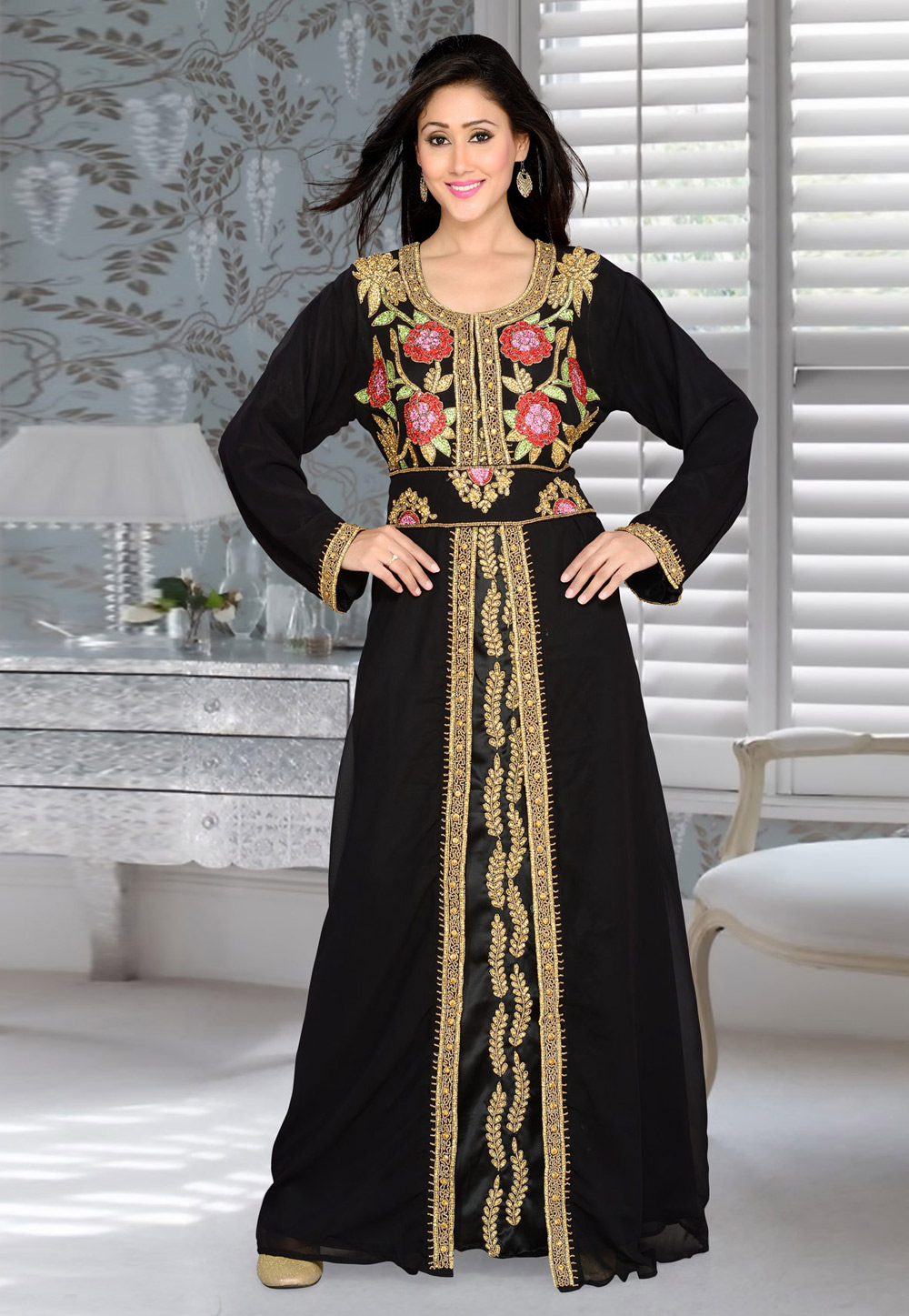 Black Faux Georgette Embroidered Readymade Kaftan 194398