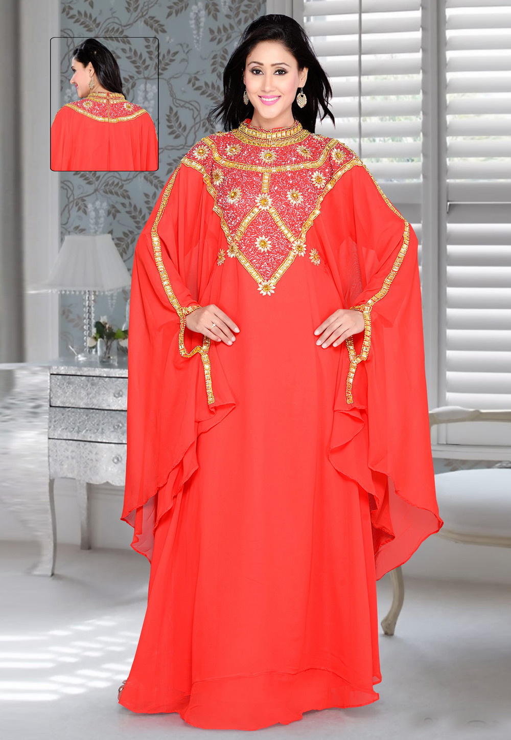 Red Faux Georgette Embroidered Readymade Farasha 194405