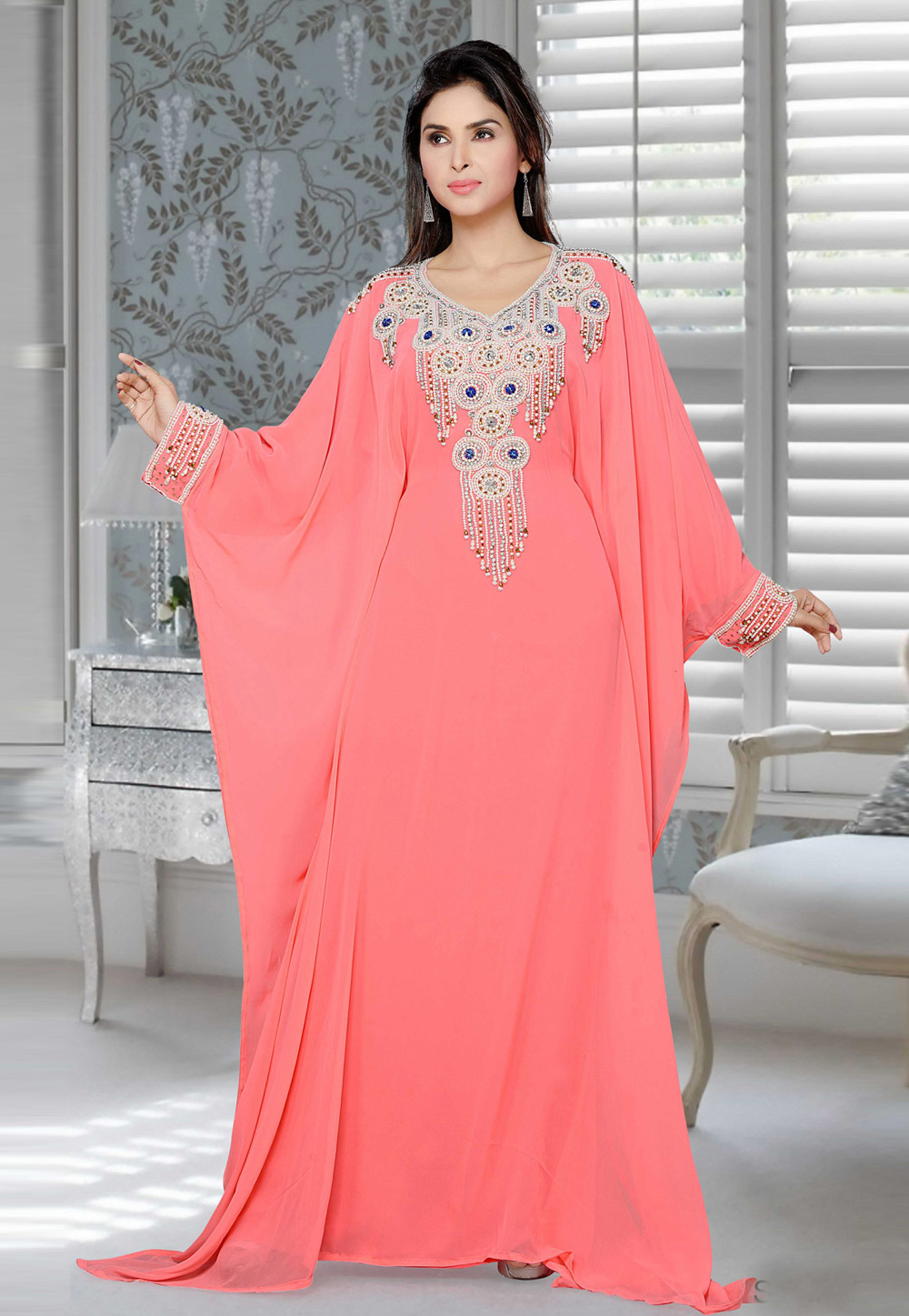 Pink Faux Georgette Embroidered Readymade Farasha 194406