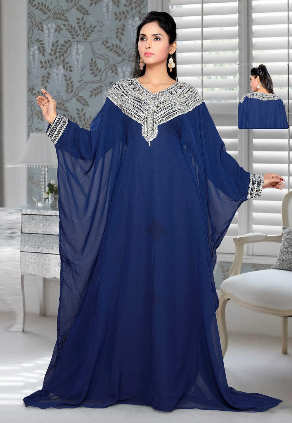 Navy Blue Faux Georgette Embroidered Readymade Farasha 194414