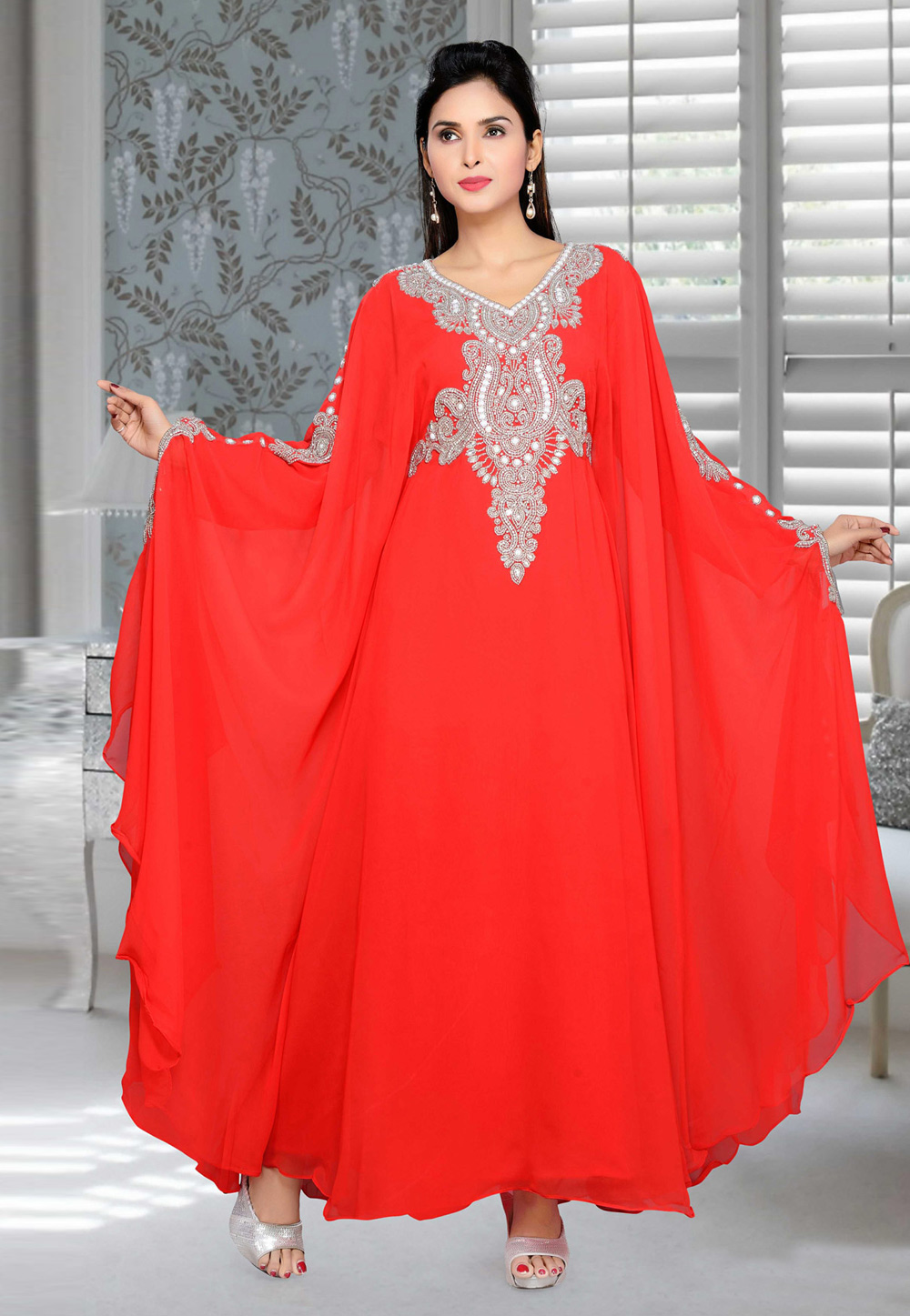 Red Faux Georgette Embroidered Readymade Farasha 194680