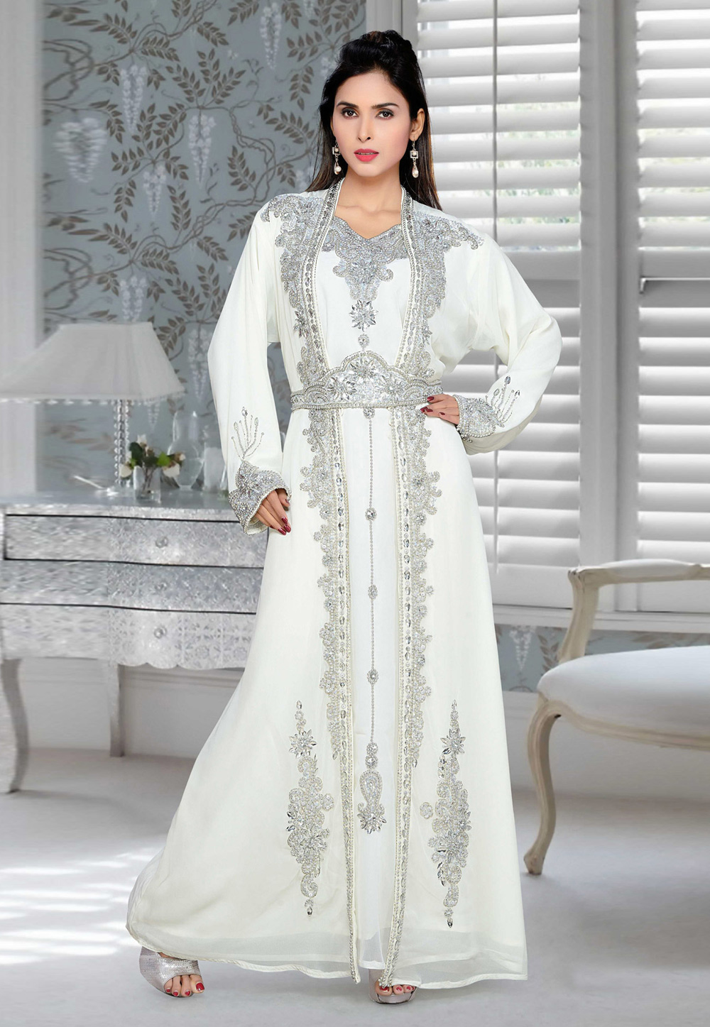 White Faux Georgette Embroidered Readymade Kaftan 194681