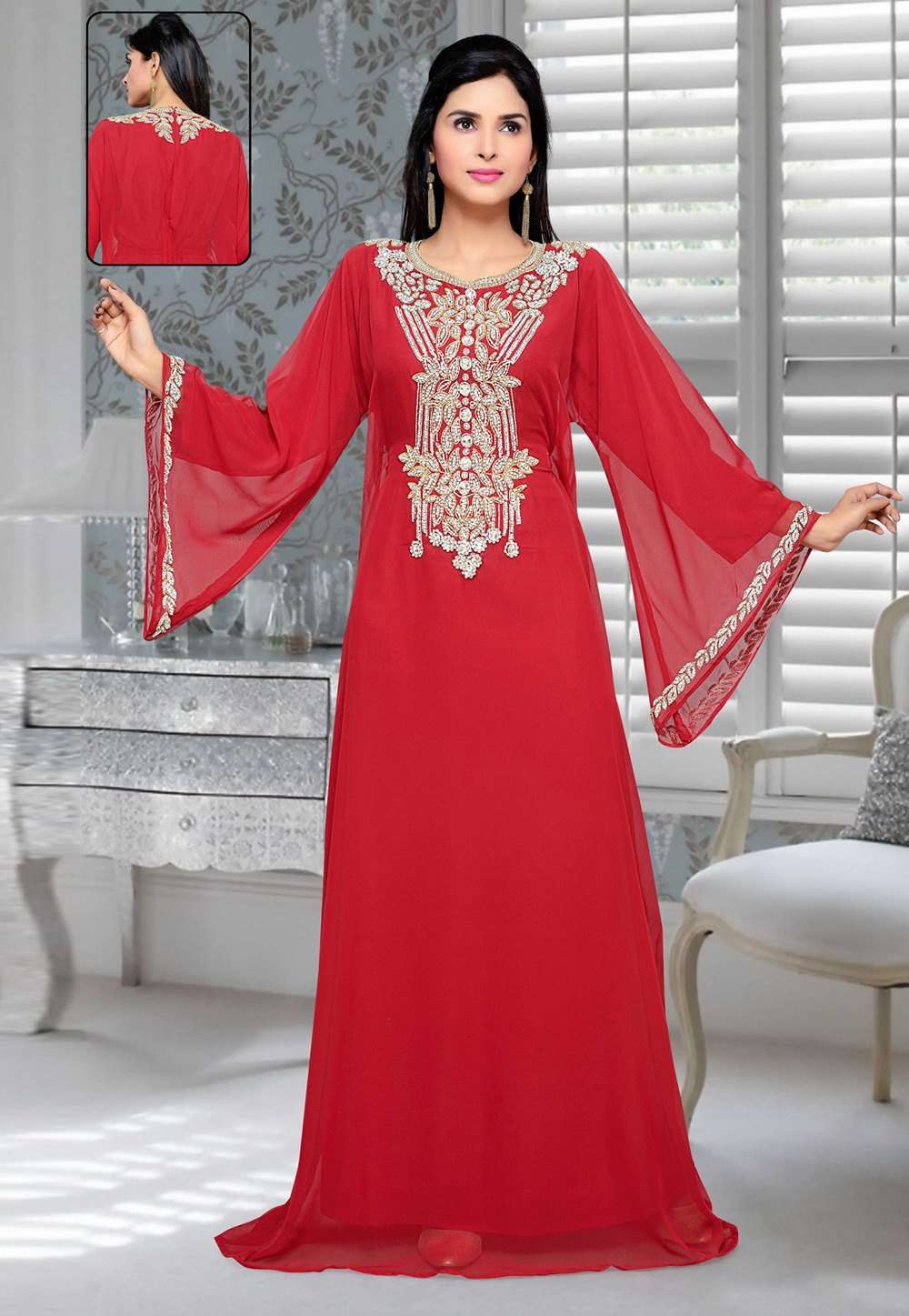 Red Faux Georgette Embroidered Readymade Kaftan 194691