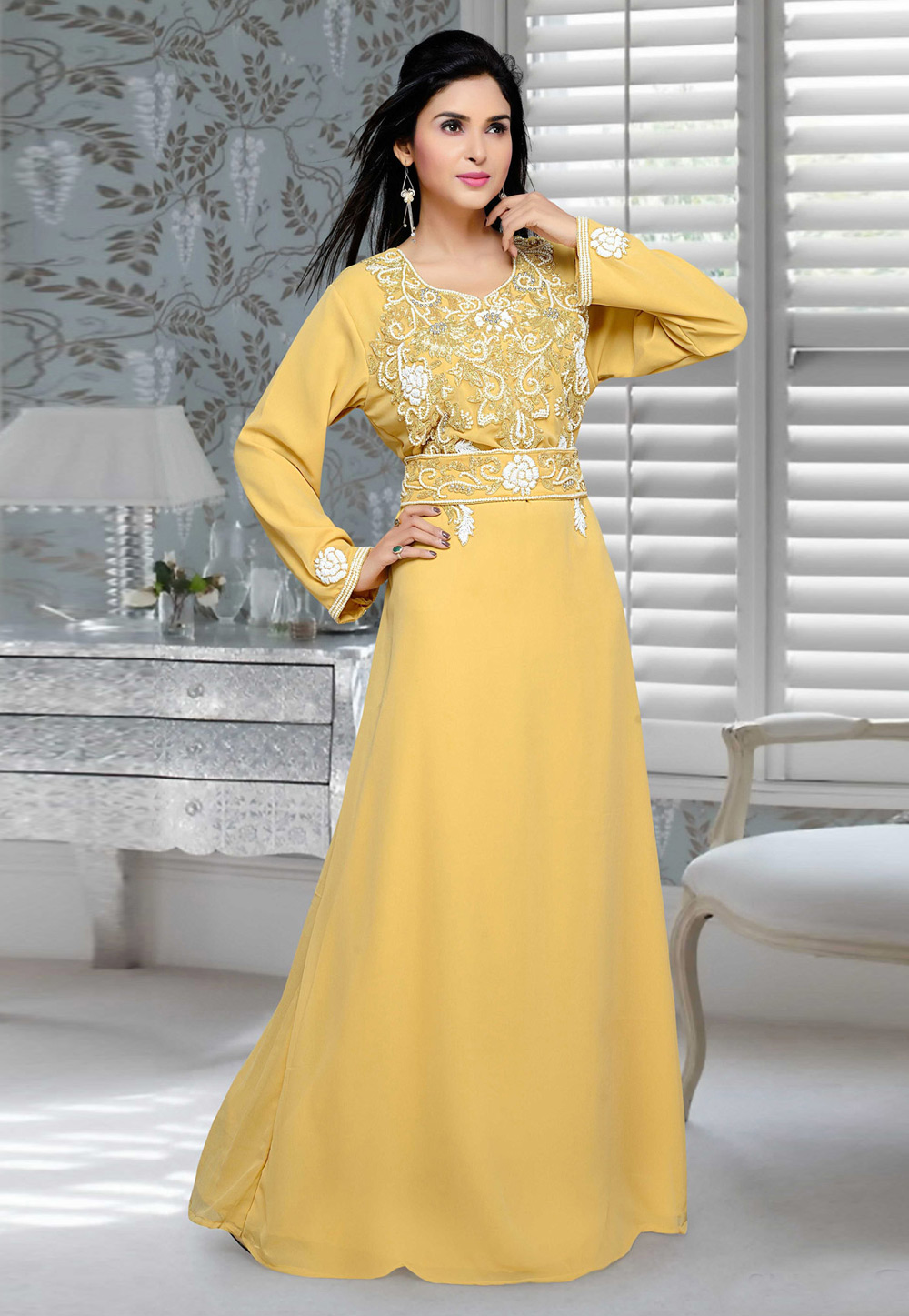 Yellow Faux Georgette Embroidered Readymade Kaftan 194700