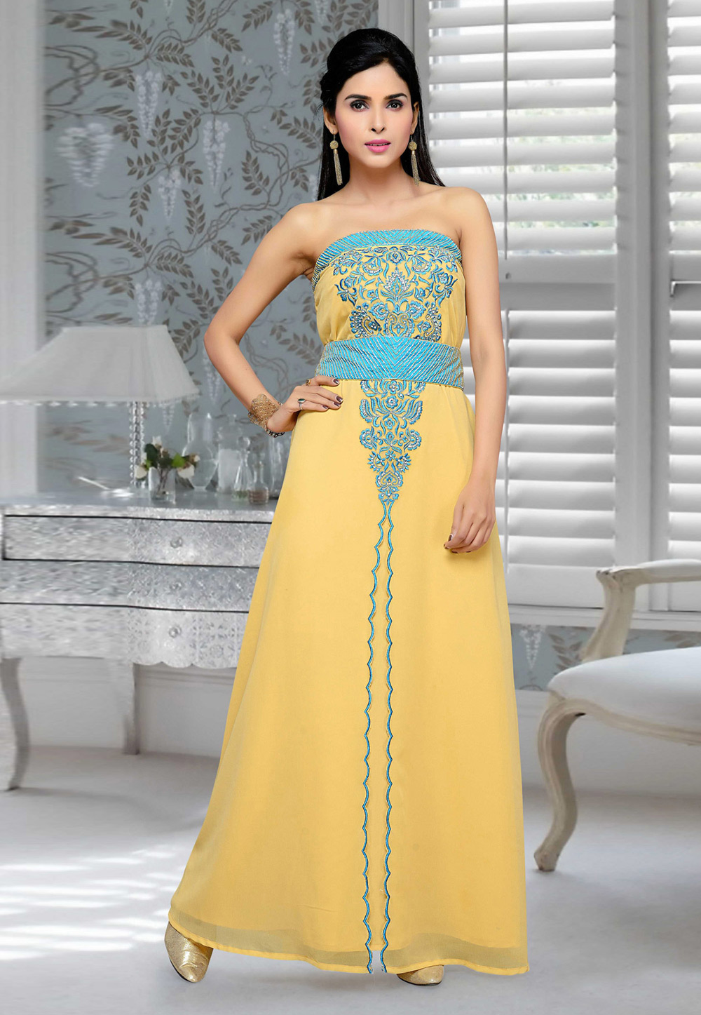 Yellow Faux Georgette Embroidered Readymade Fustan 194703