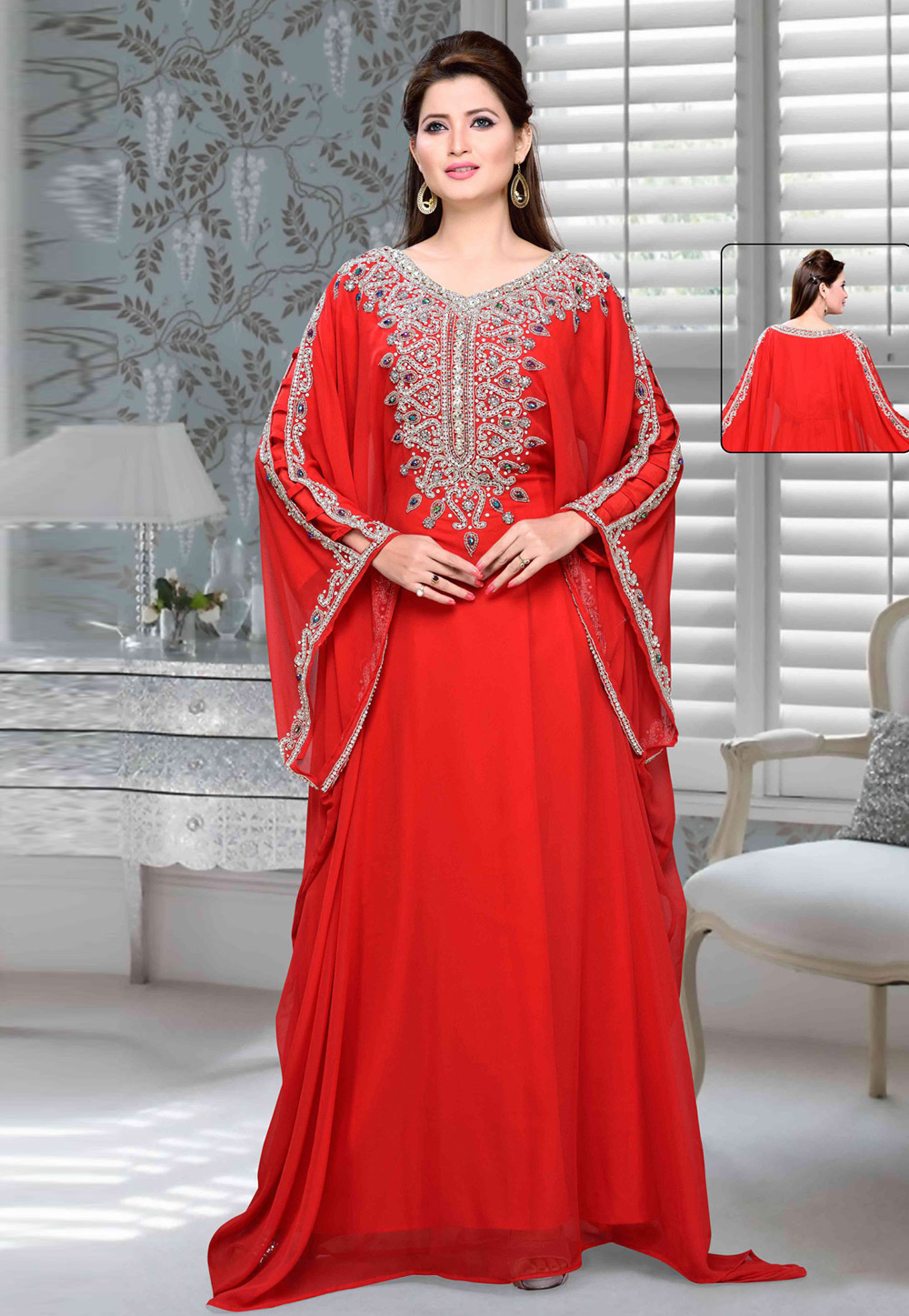Red Faux Georgette Embroidered Readymade Farasha 194705