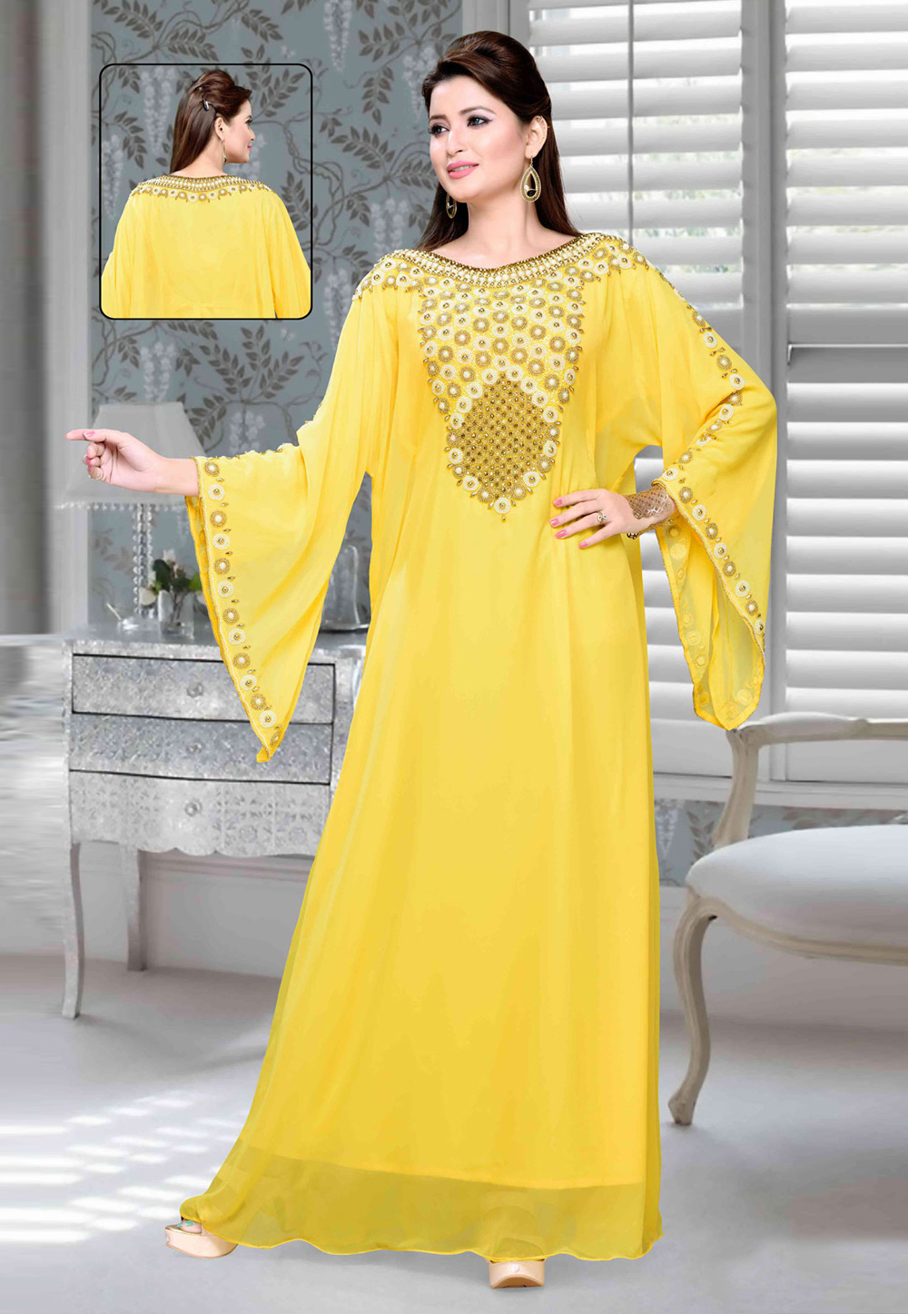 Yellow Faux Georgette Embroidered Readymade Kaftan 194707