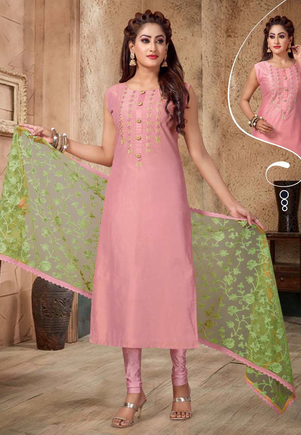 Pink Chanderi Readymade Churidar Suit 171688