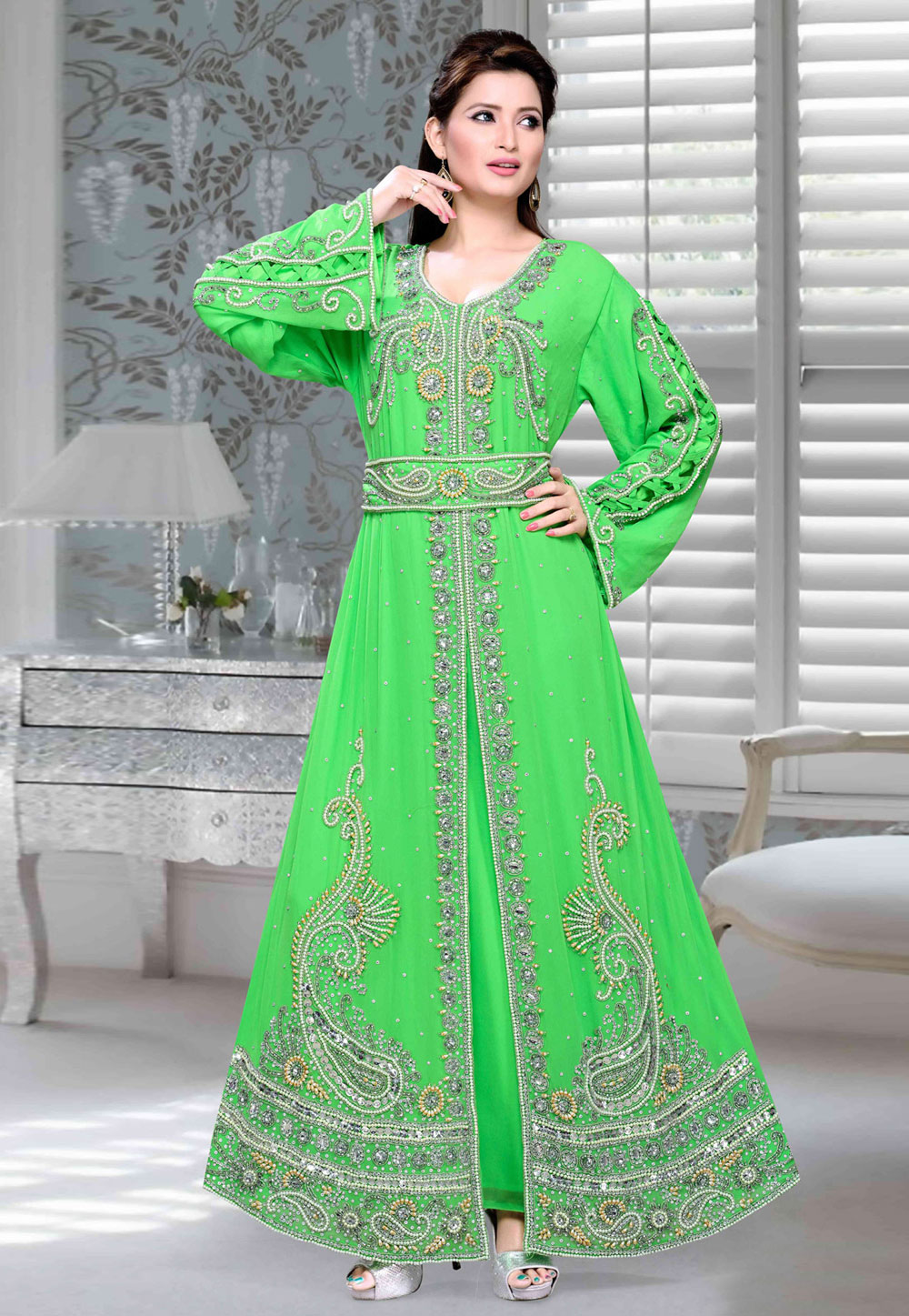 Green Faux Georgette Embroidered Readymade Kaftan 194713