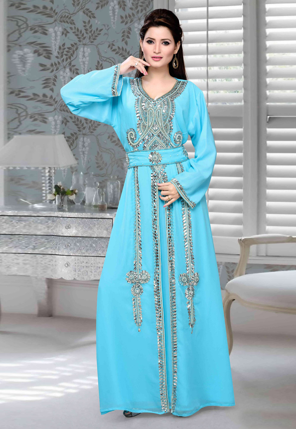 Sky Blue Faux Georgette Embroidered Readymade Kaftan 194714