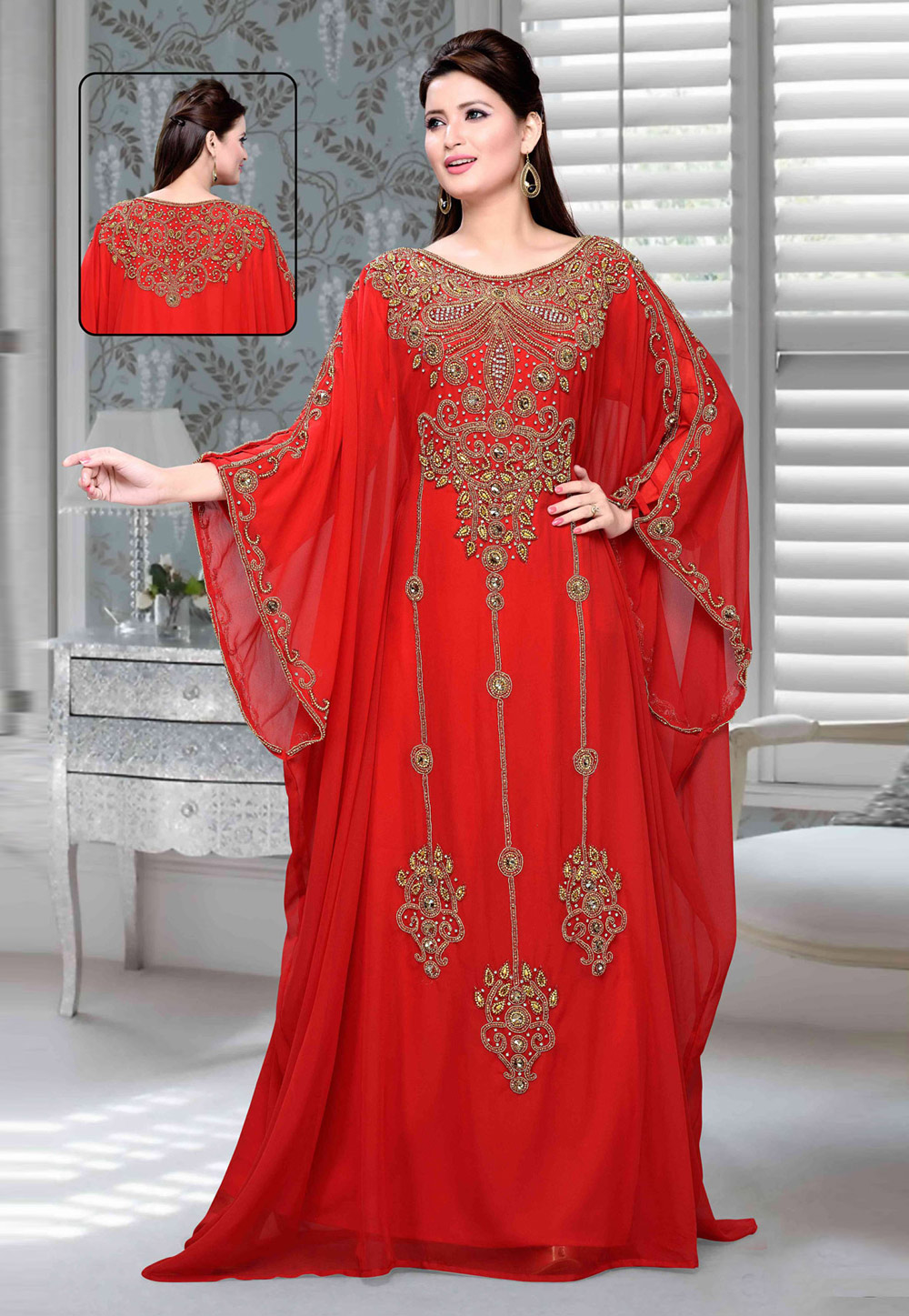 Red Faux Georgette Embroidered Readymade Farasha 194718