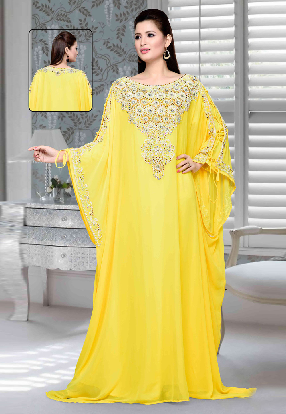 Yellow Faux Georgette Embroidered Readymade Farasha 194722