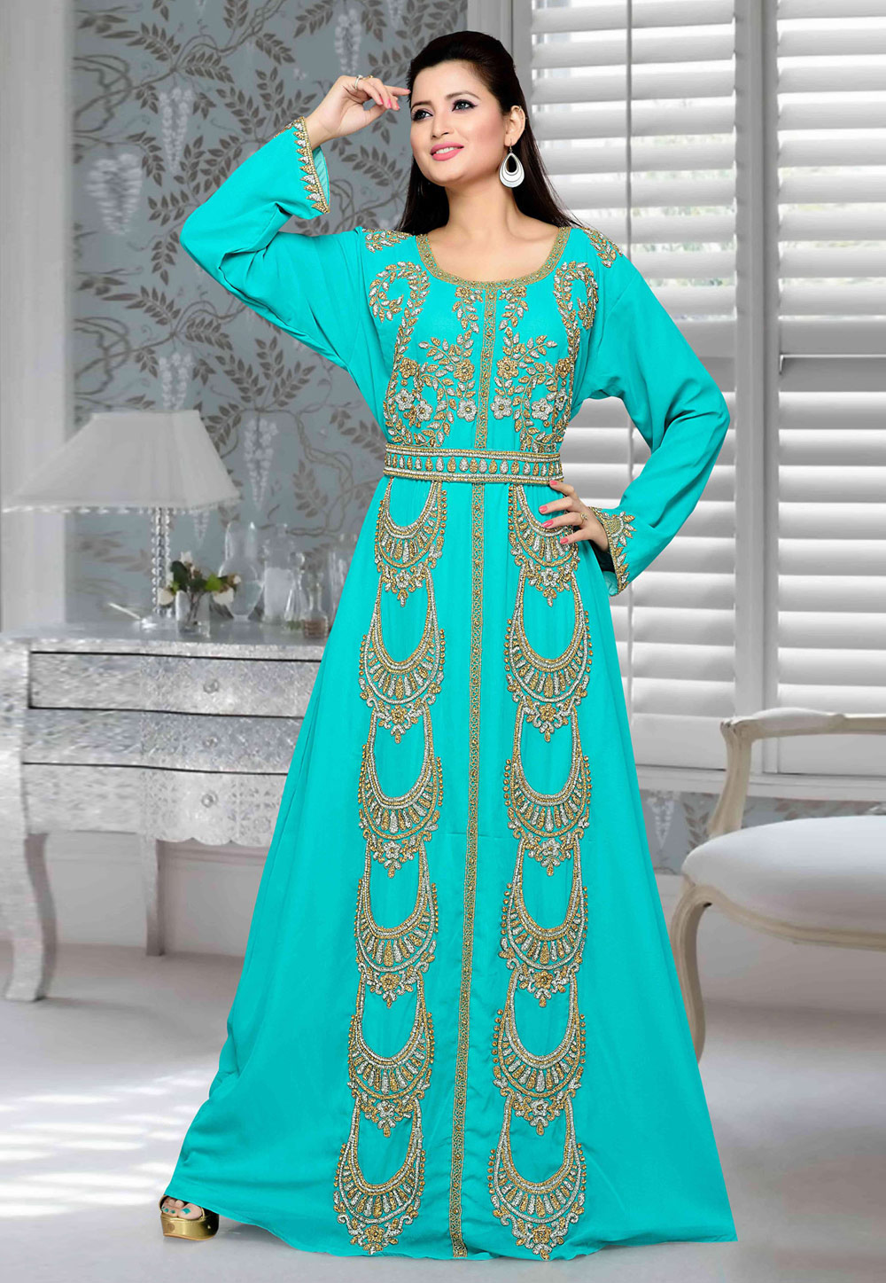 Turquoise Faux Georgette Embroidered Readymade Kaftan 194729
