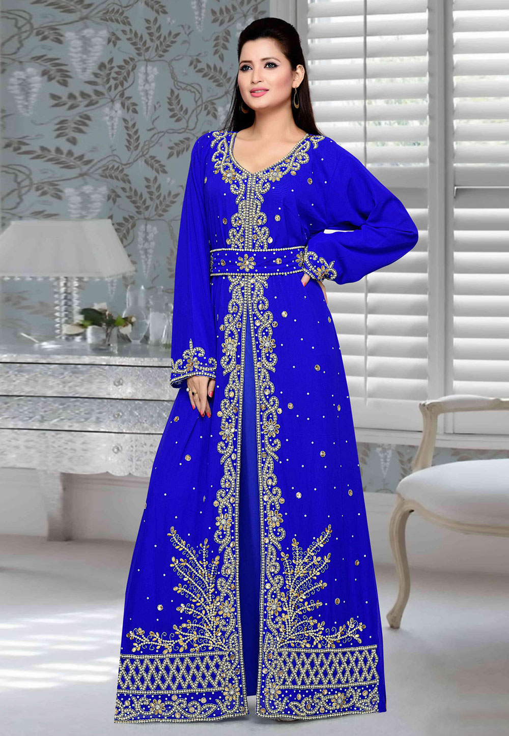 Blue Faux Georgette Embroidered Readymade Kaftan 194730
