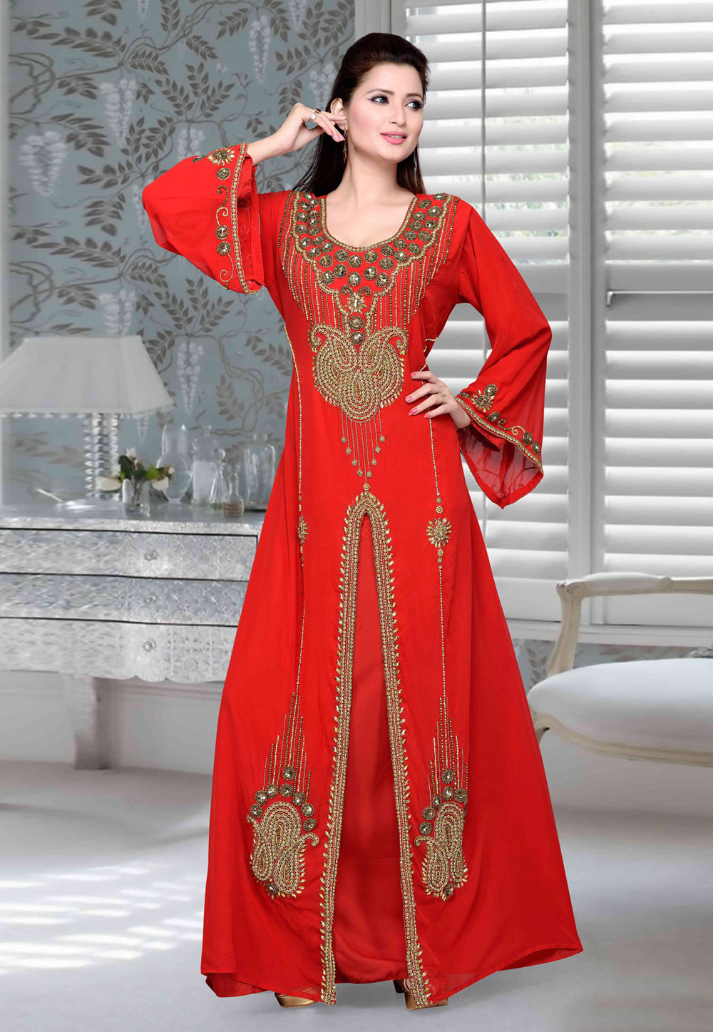 Red Faux Georgette Embroidered Readymade Kaftan 194736