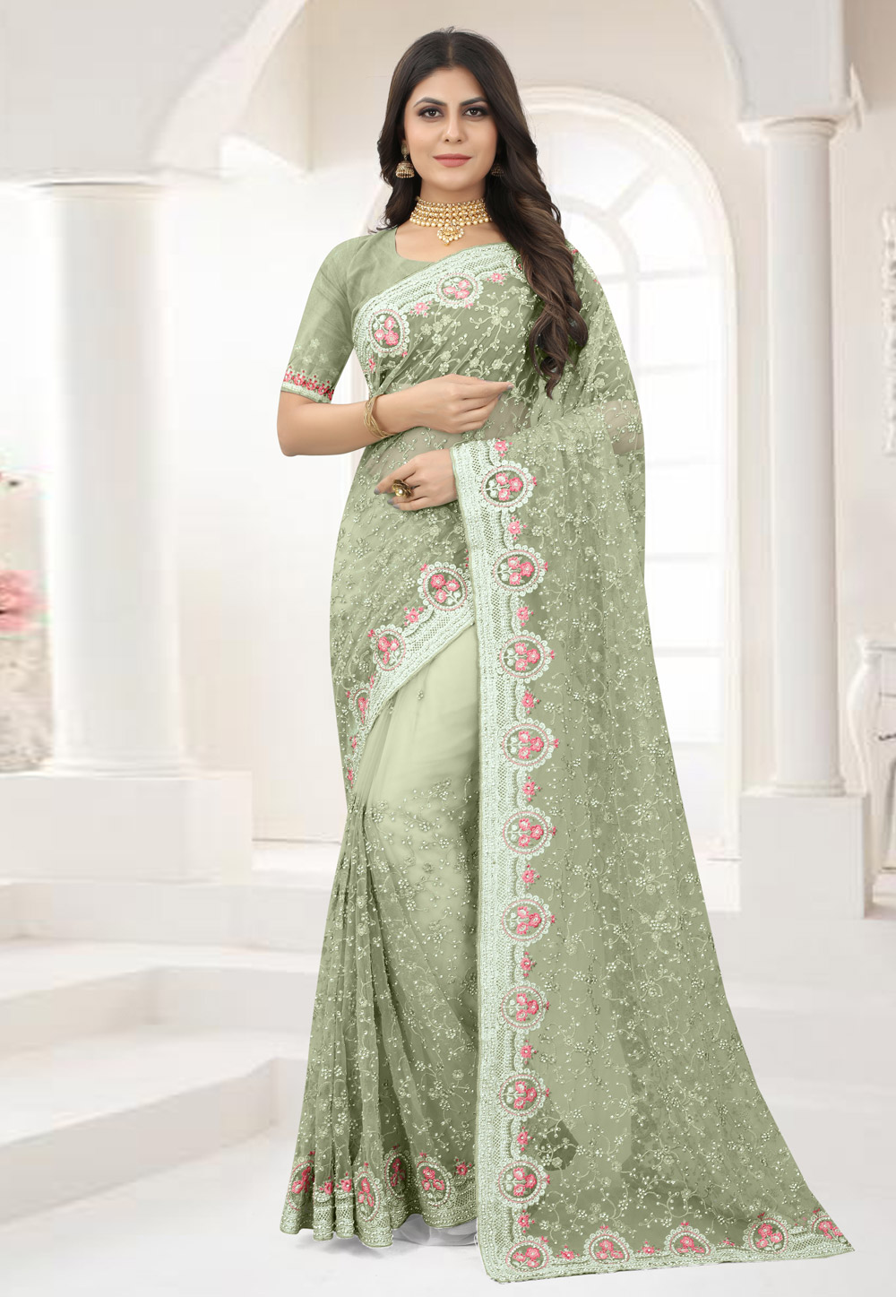 Pista Green Net Saree With Blouse 250302