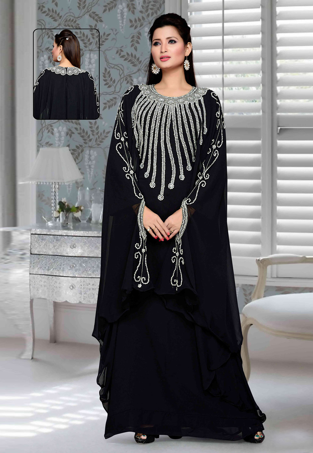 Navy Blue Faux Georgette Embroidered Readymade Farasha 194753