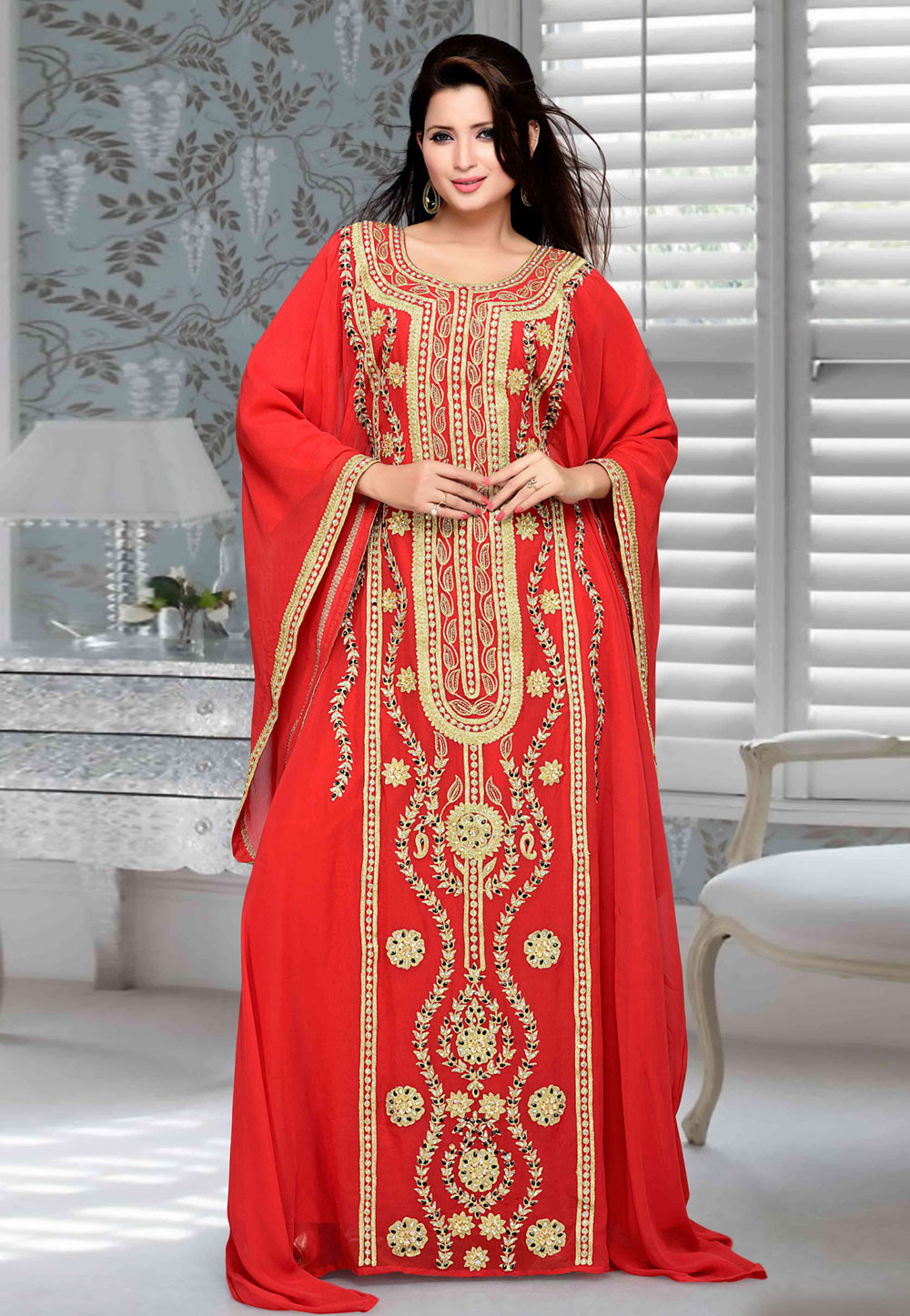 Red Faux Georgette Embroidered Readymade Farasha 194754