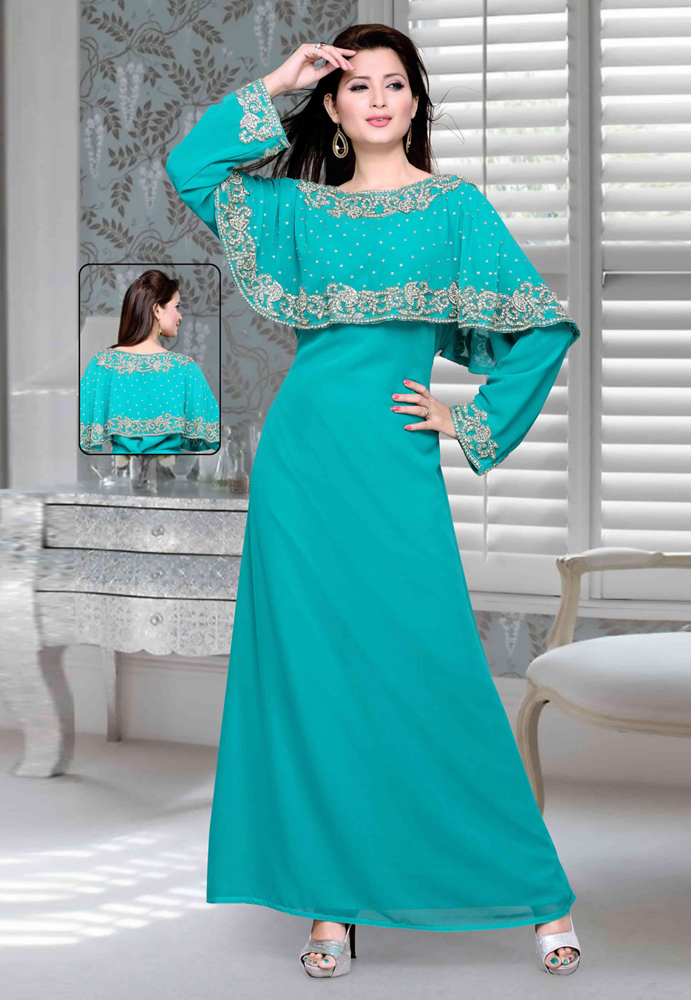 Turquoise Faux Georgette Embroidered Readymade Kaftan 194757
