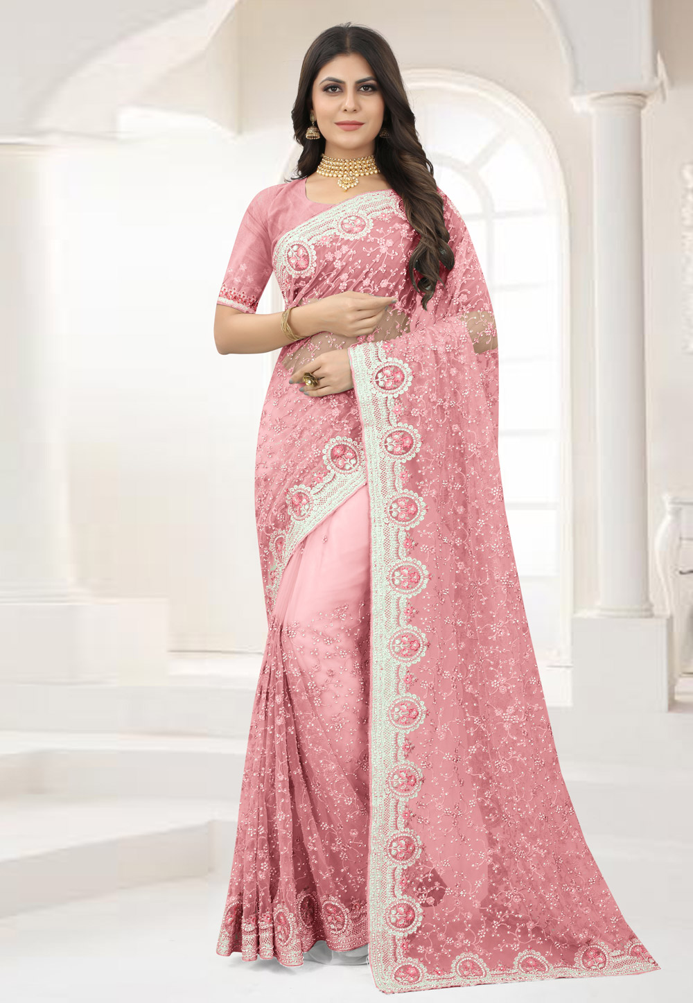 Pink Net Saree With Blouse 250304