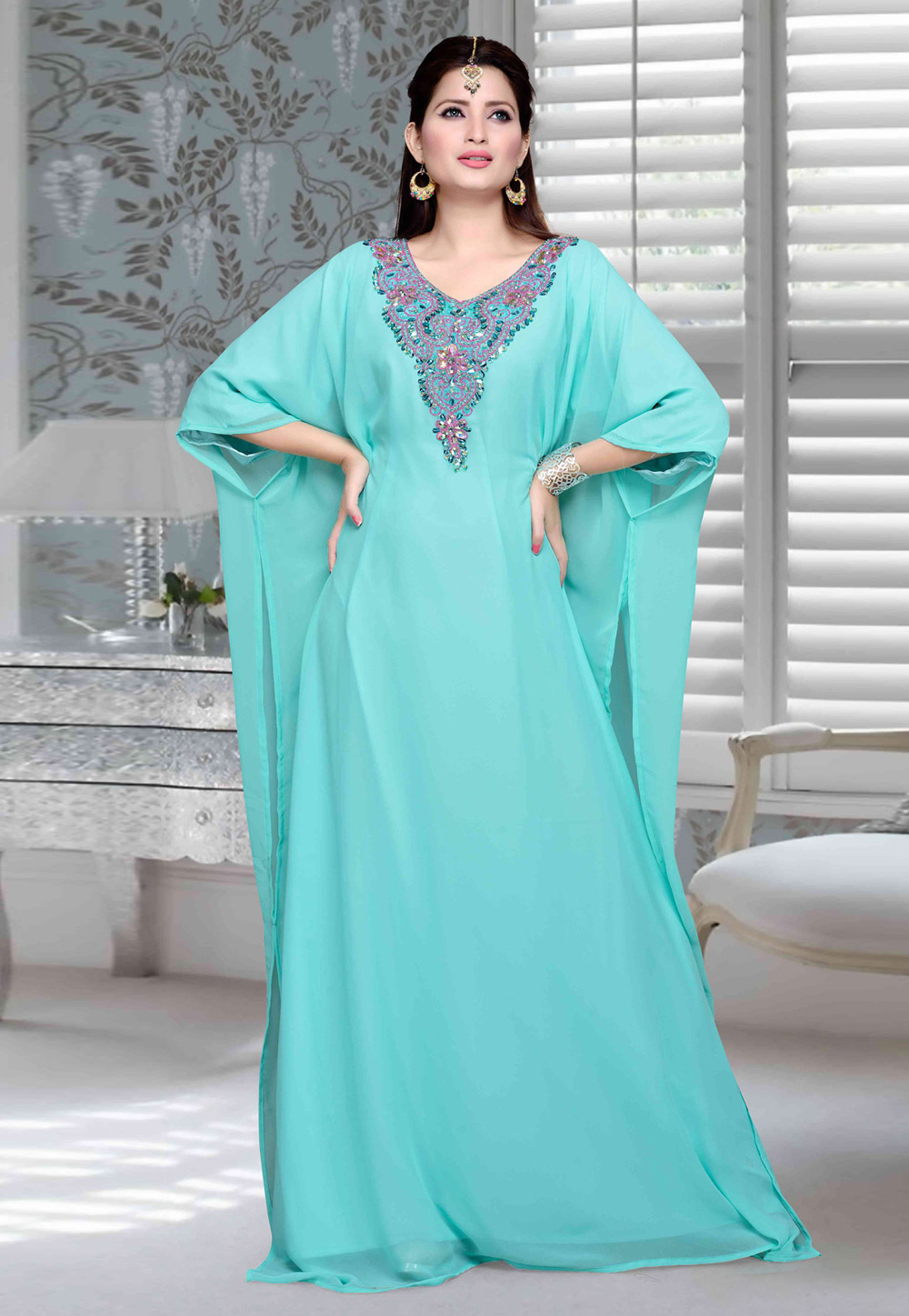 Aqua Faux Georgette Embroidered Readymade Farasha 194766