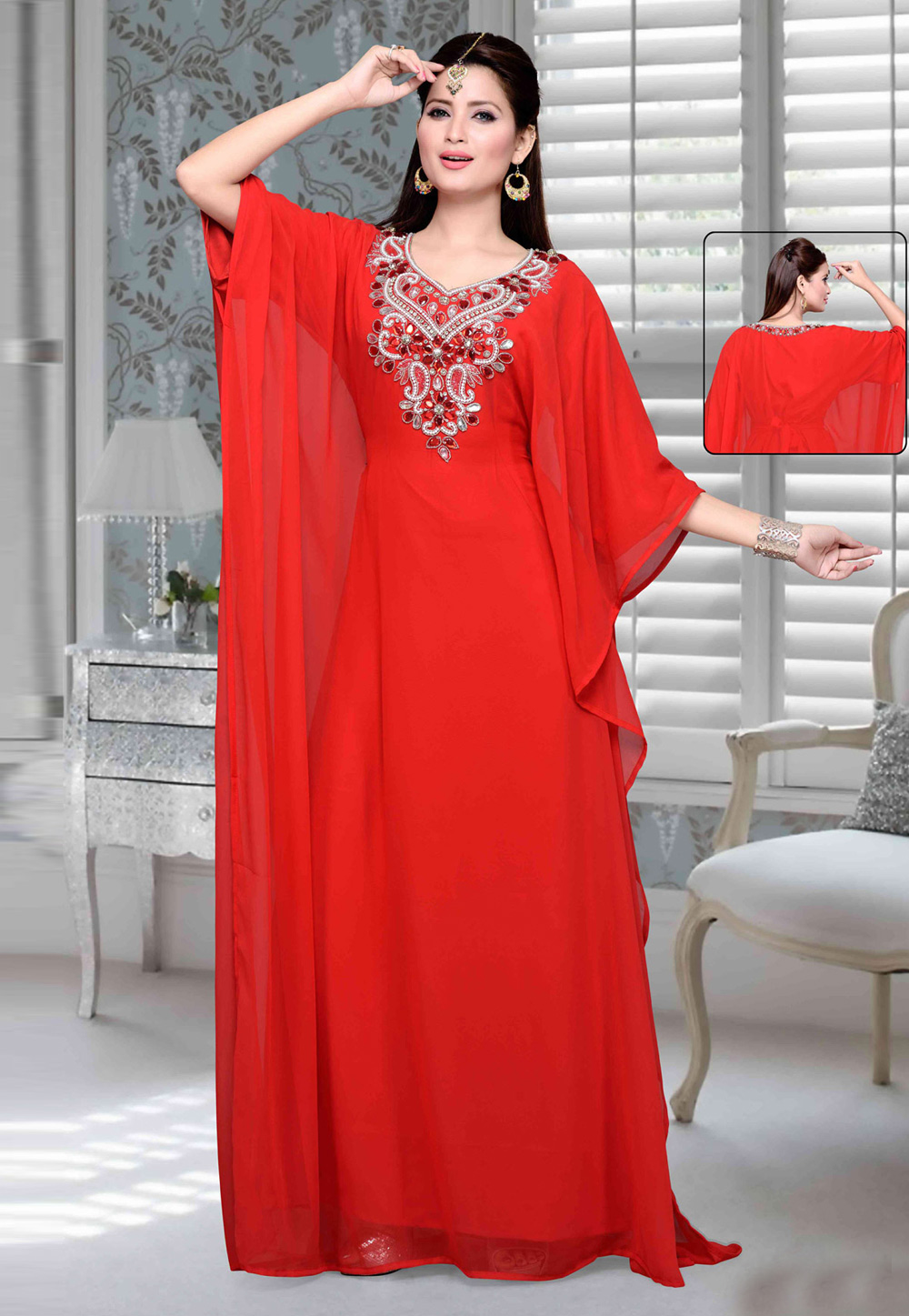 Red Faux Georgette Embroidered Readymade Farasha 194769