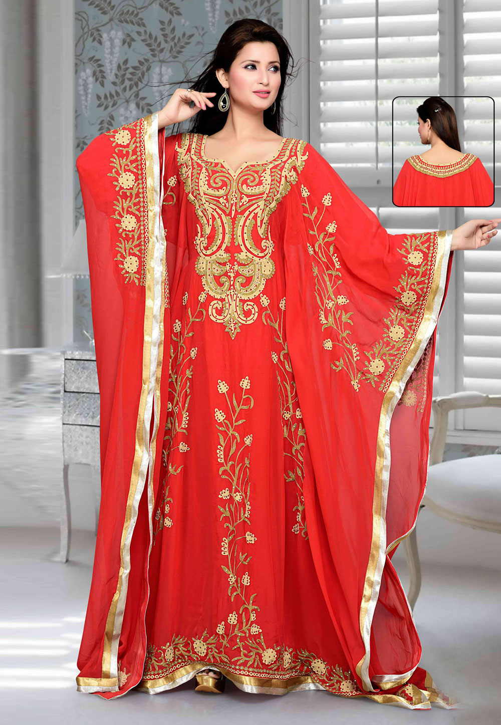 Red Faux Georgette Embroidered Readymade Farasha 194771