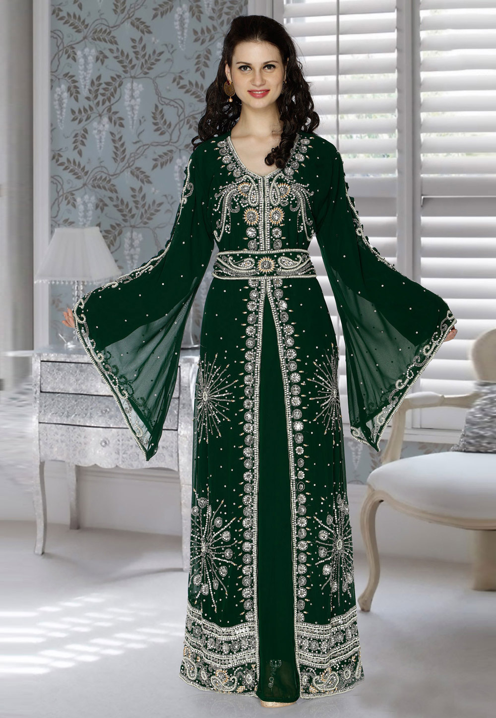 Green Faux Georgette Embroidered Readymade Kaftan 194778