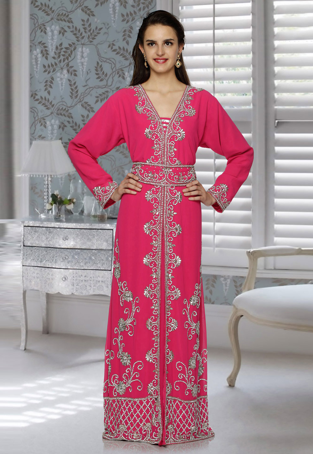 Pink Faux Georgette Embroidered Readymade Kaftan 194780