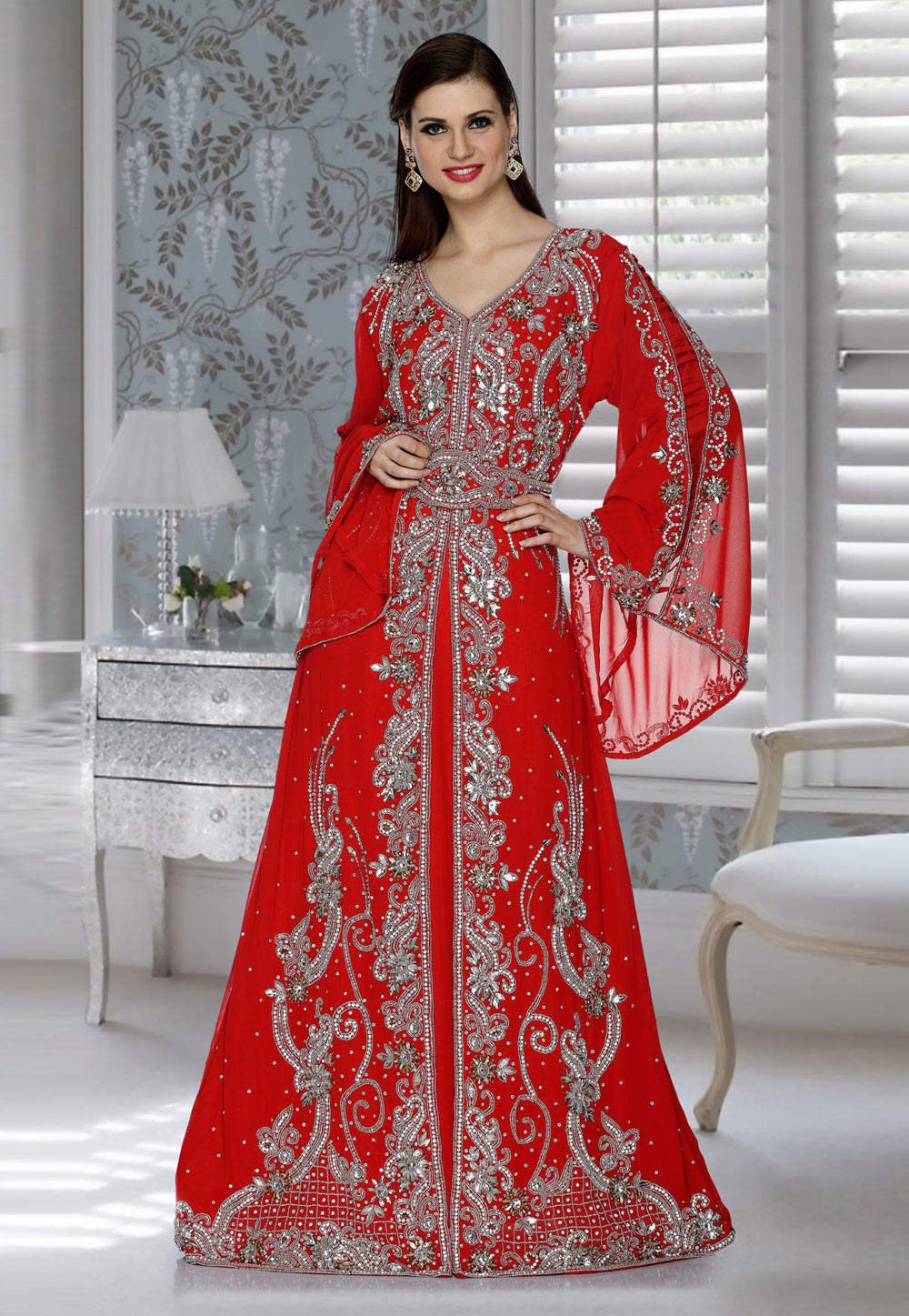 Red Faux Georgette Embroidered Readymade Kaftan 194781