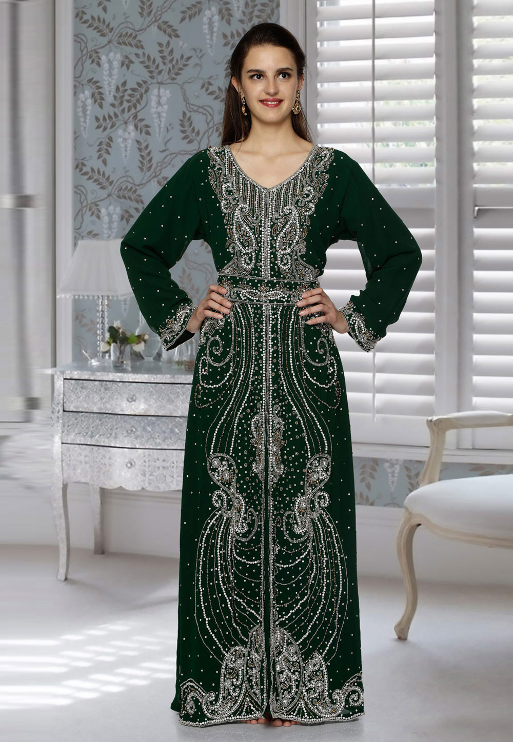 Green Faux Georgette Embroidered Readymade Kaftan 194782