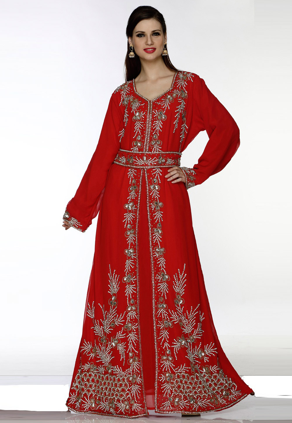 Red Faux Georgette Embroidered Readymade Kaftan 194788