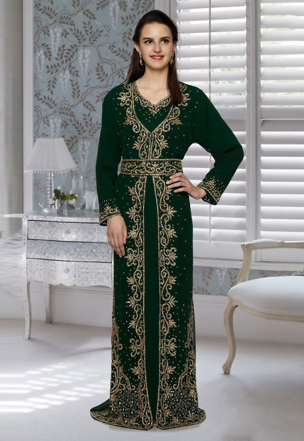 Green Faux Georgette Embroidered Readymade Kaftan 194789