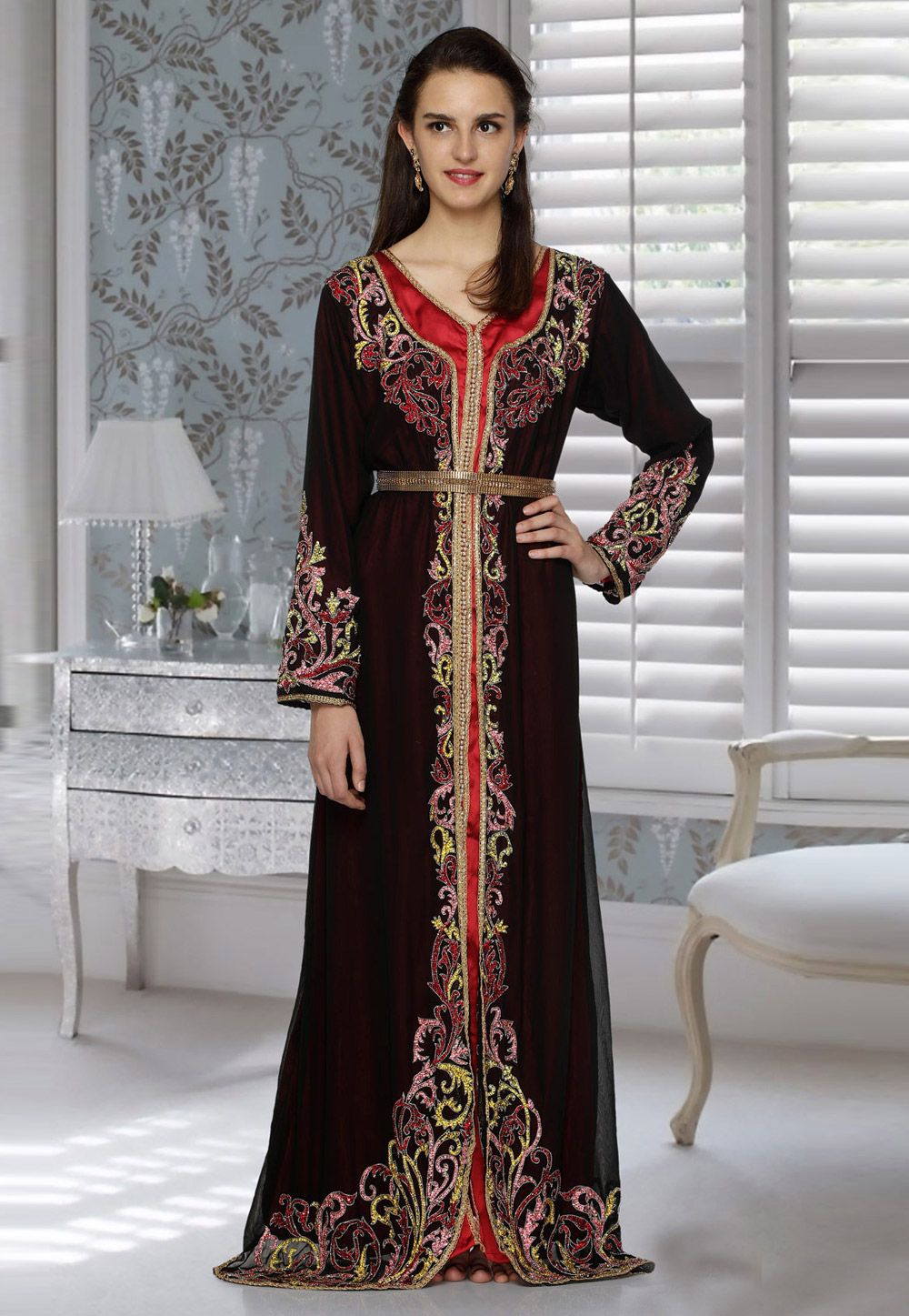 Maroon Faux Georgette Embroidered Readymade Kaftan 194791