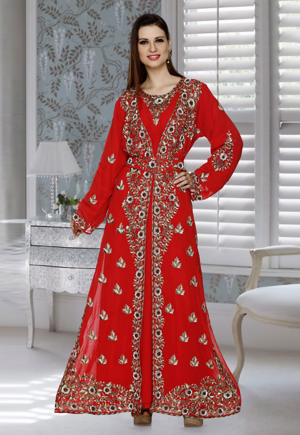 Red Faux Georgette Embroidered Readymade Kaftan 194794