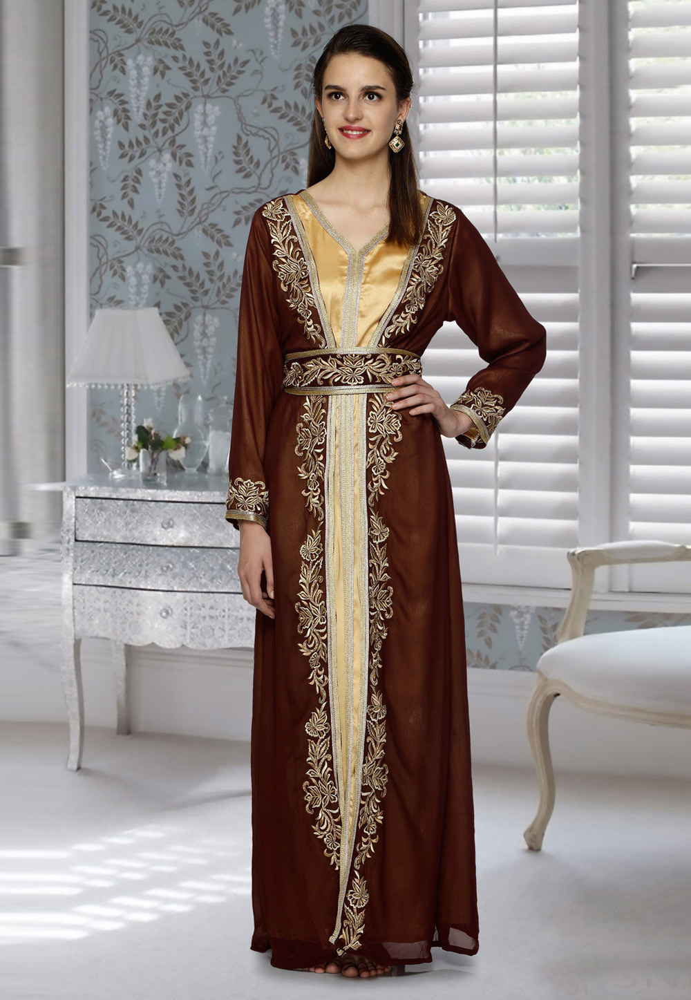 Brown Faux Georgette Embroidered Readymade Kaftan 194799