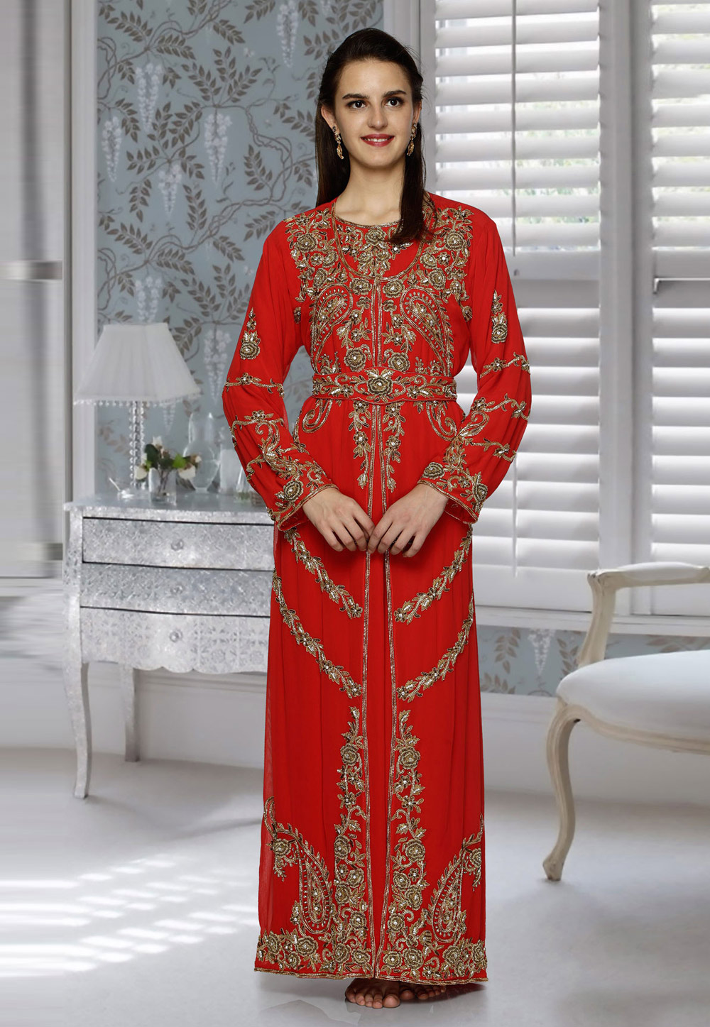 Red Faux Georgette Embroidered Readymade Kaftan 194800