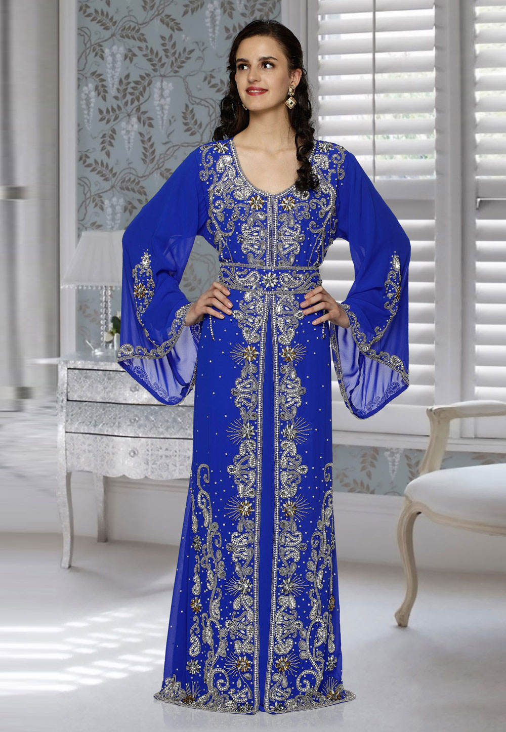 Blue Faux Georgette Embroidered Readymade Kaftan 194802
