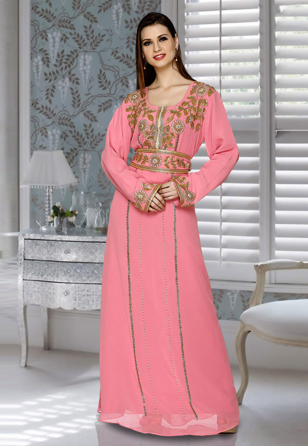 Pink Faux Georgette Embroidered Readymade Kaftan 194806