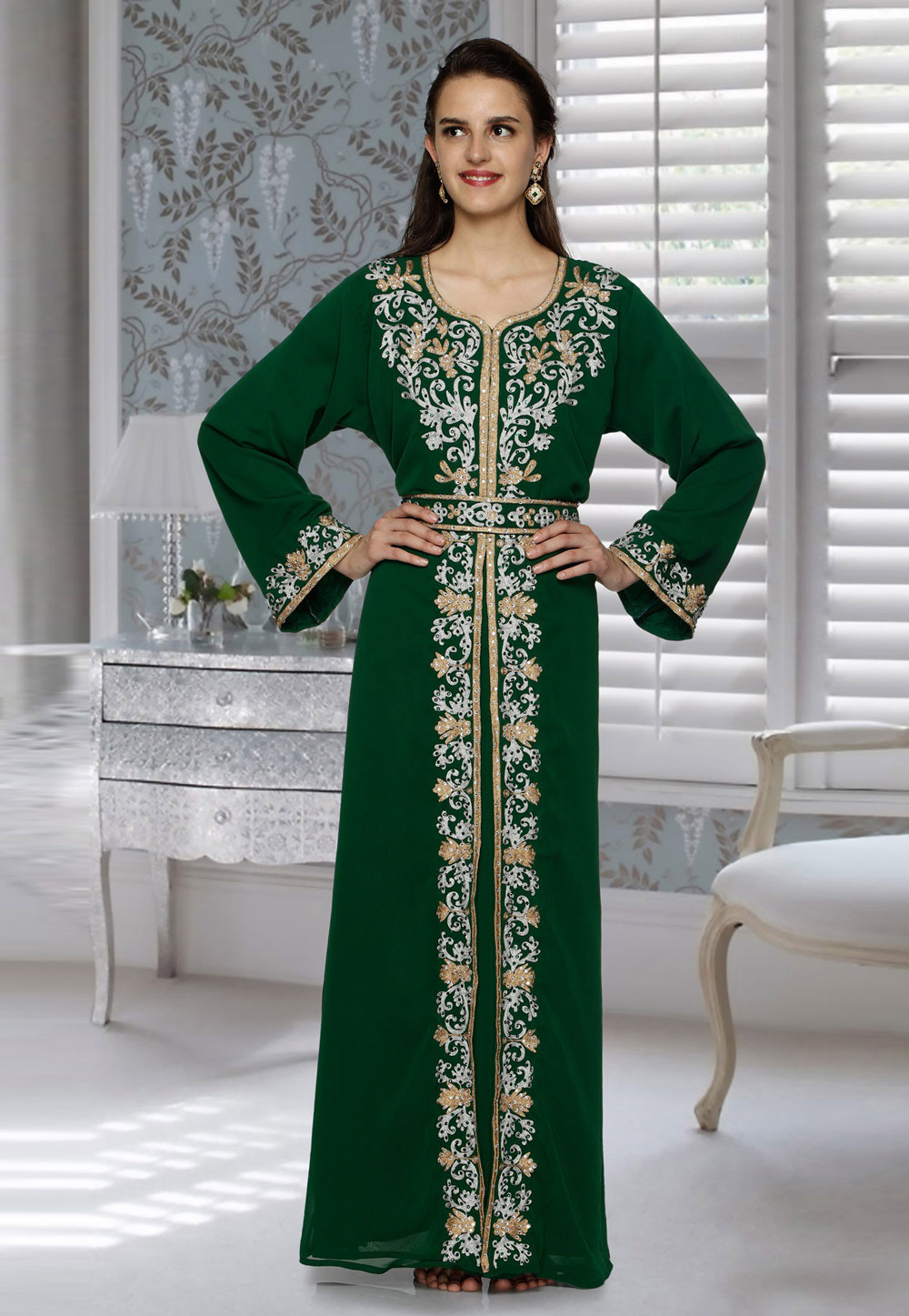 Green Faux Georgette Embroidered Readymade Kaftan 194808