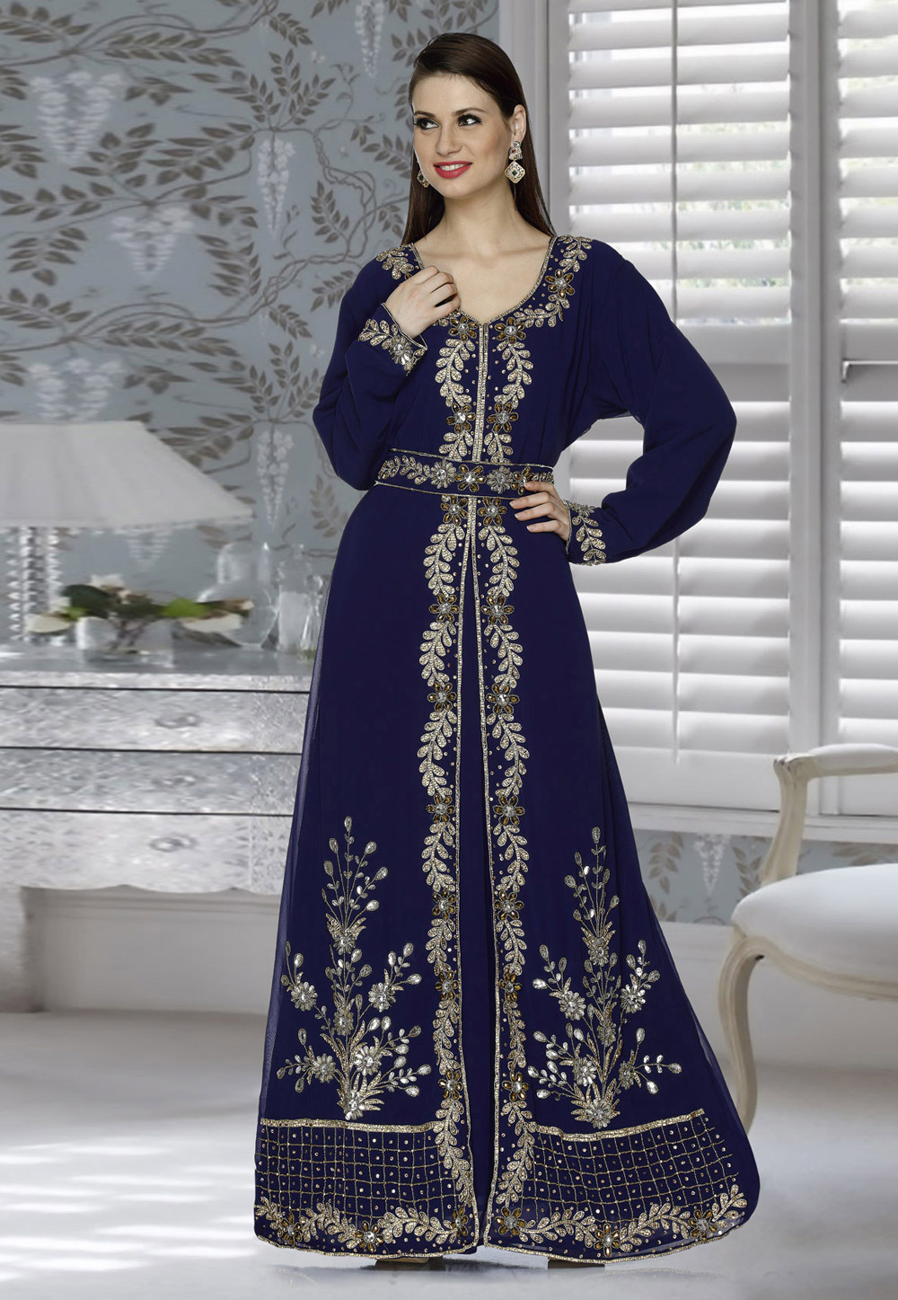 Navy Blue Faux Georgette Embroidered Readymade Kaftan 194809